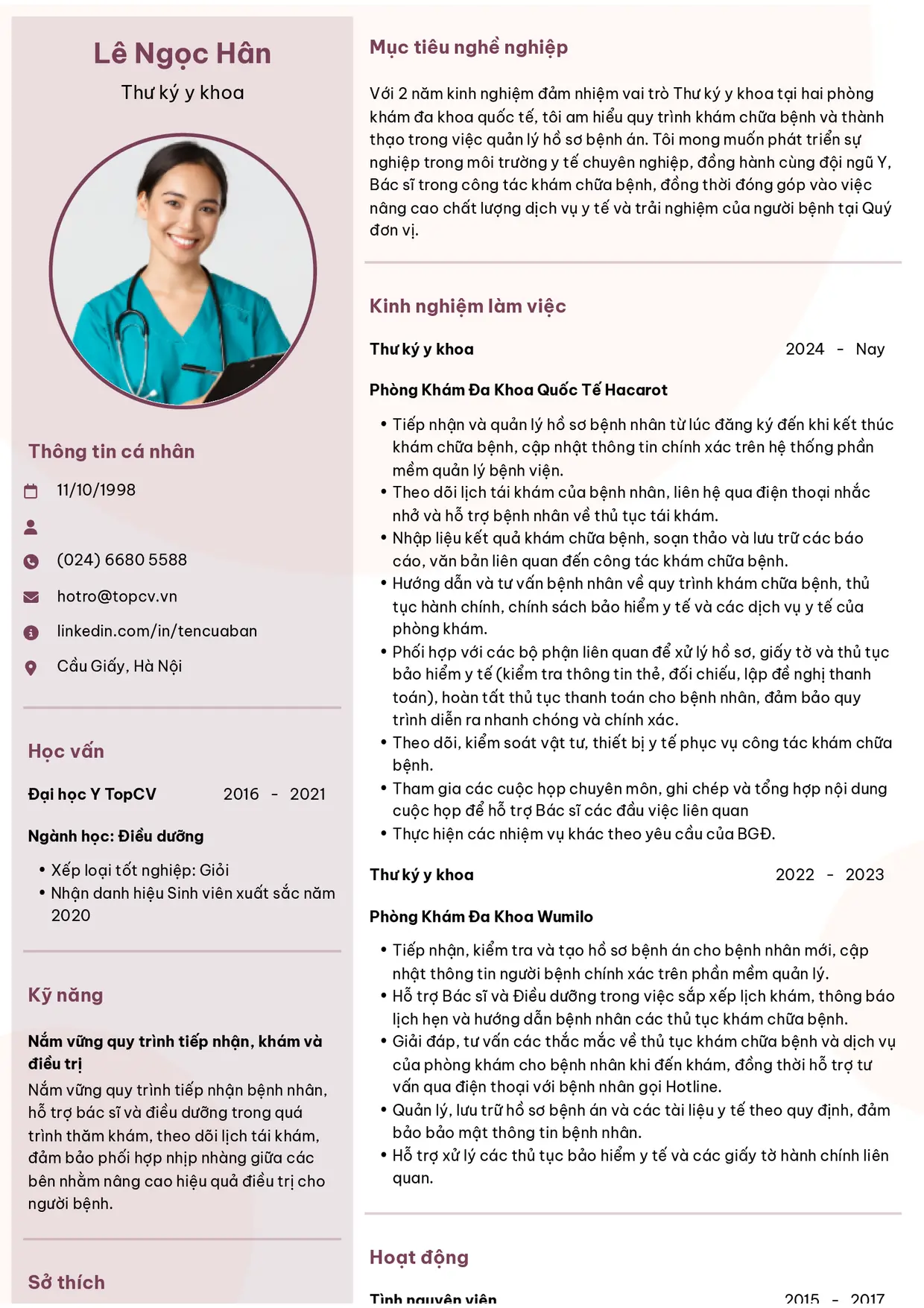 Mẫu CV Thư ký y khoa style Hiện đại 6