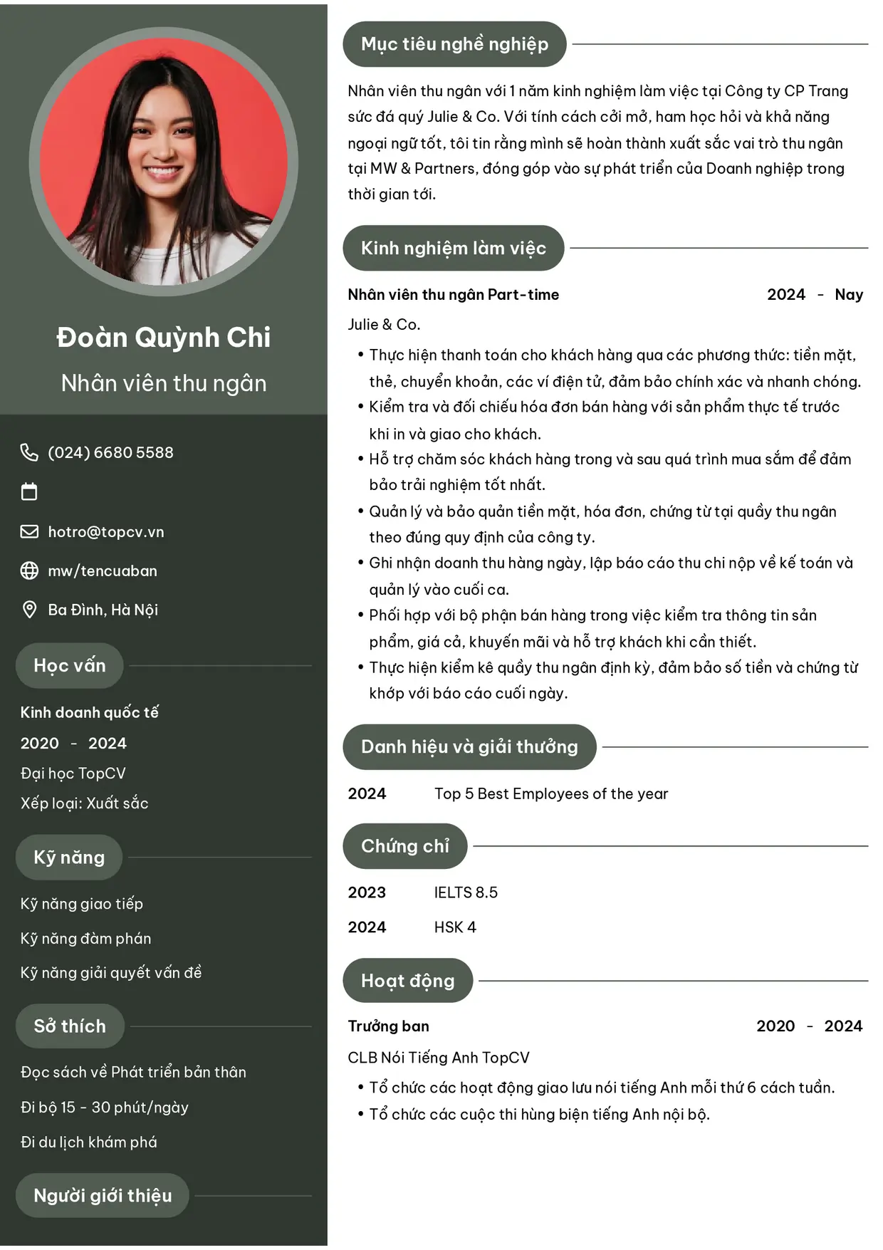 Mẫu CV xin việc Thu ngân style Ấn tượng 6