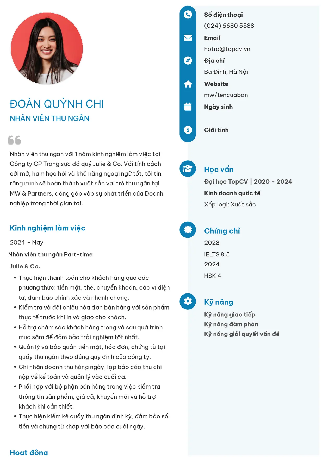 Mẫu CV xin việc Thu ngân style Basic 4