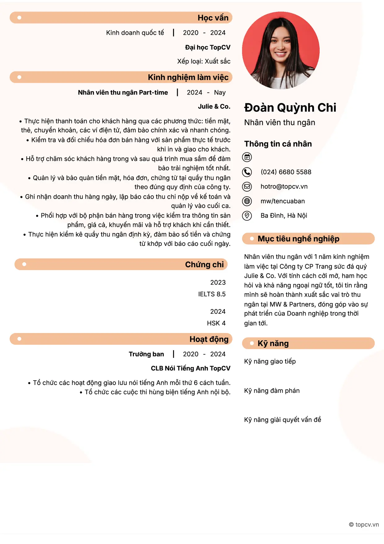 Mẫu CV xin việc Thu ngân style Basic 5