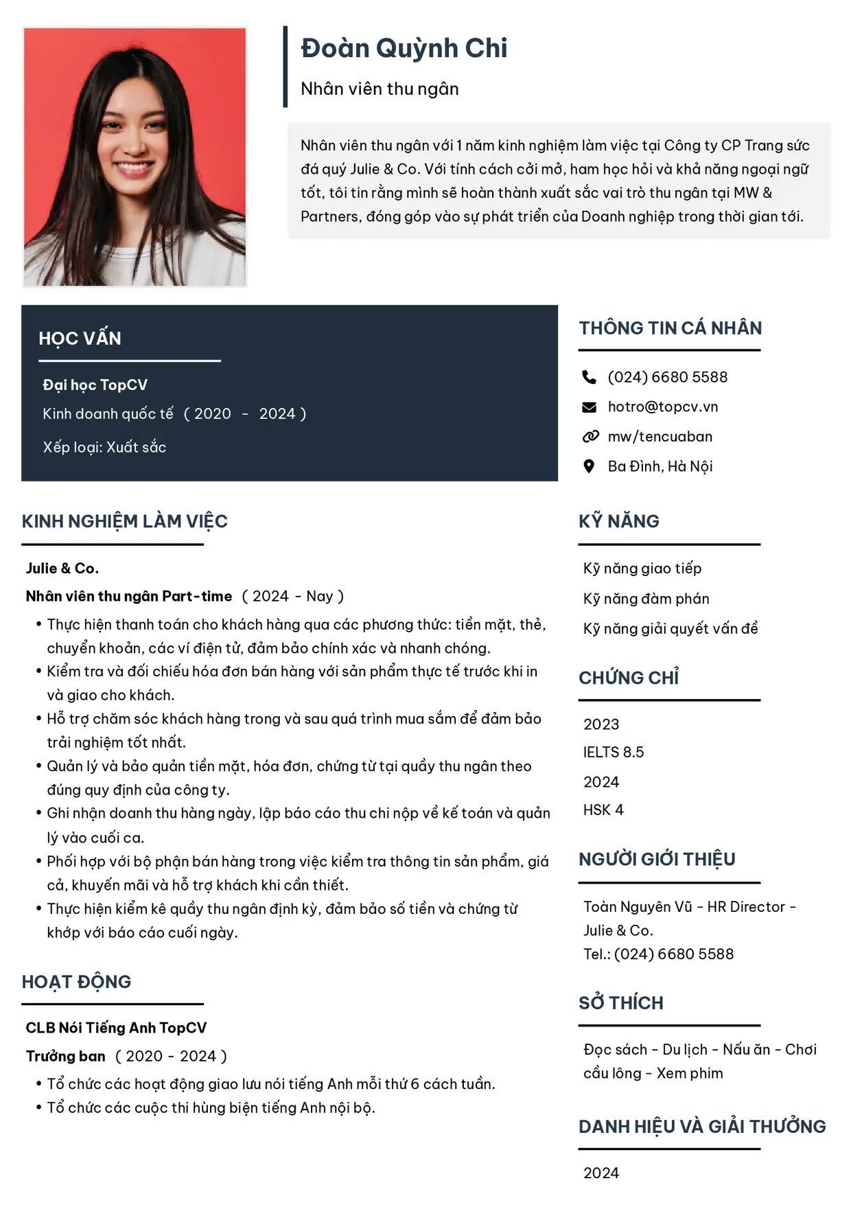 Mẫu CV xin việc Thu ngân style Tối giản 2