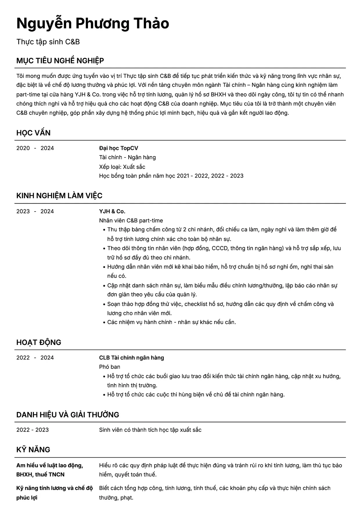 Mẫu CV xin việc Thực tập sinh C&B style Headhunt