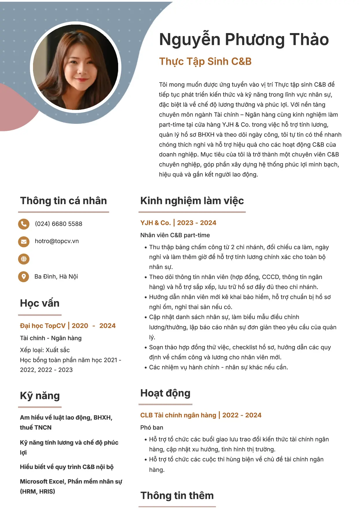 Mẫu CV xin việc Thực tập sinh C&B style Sáng tạo
