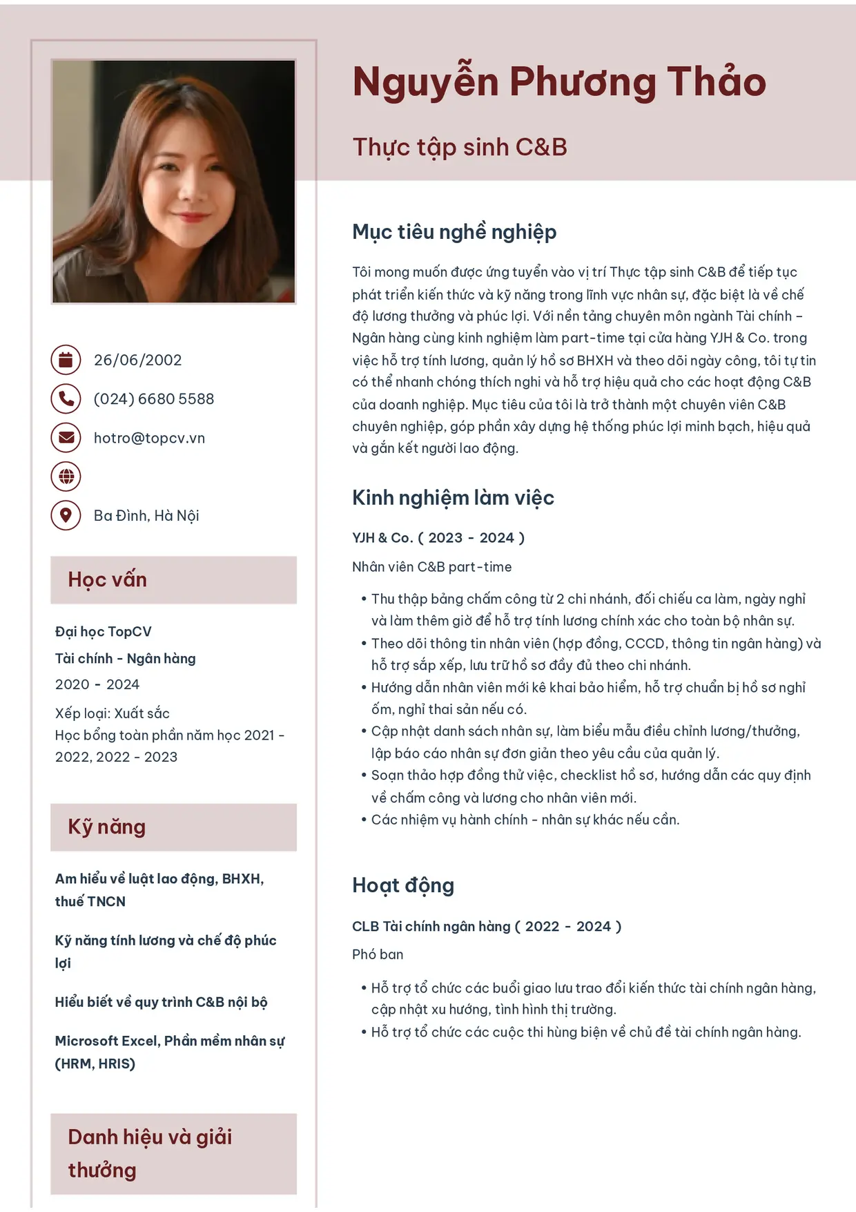 Mẫu CV xin việc Thực tập sinh C&B style Thanh nhã
