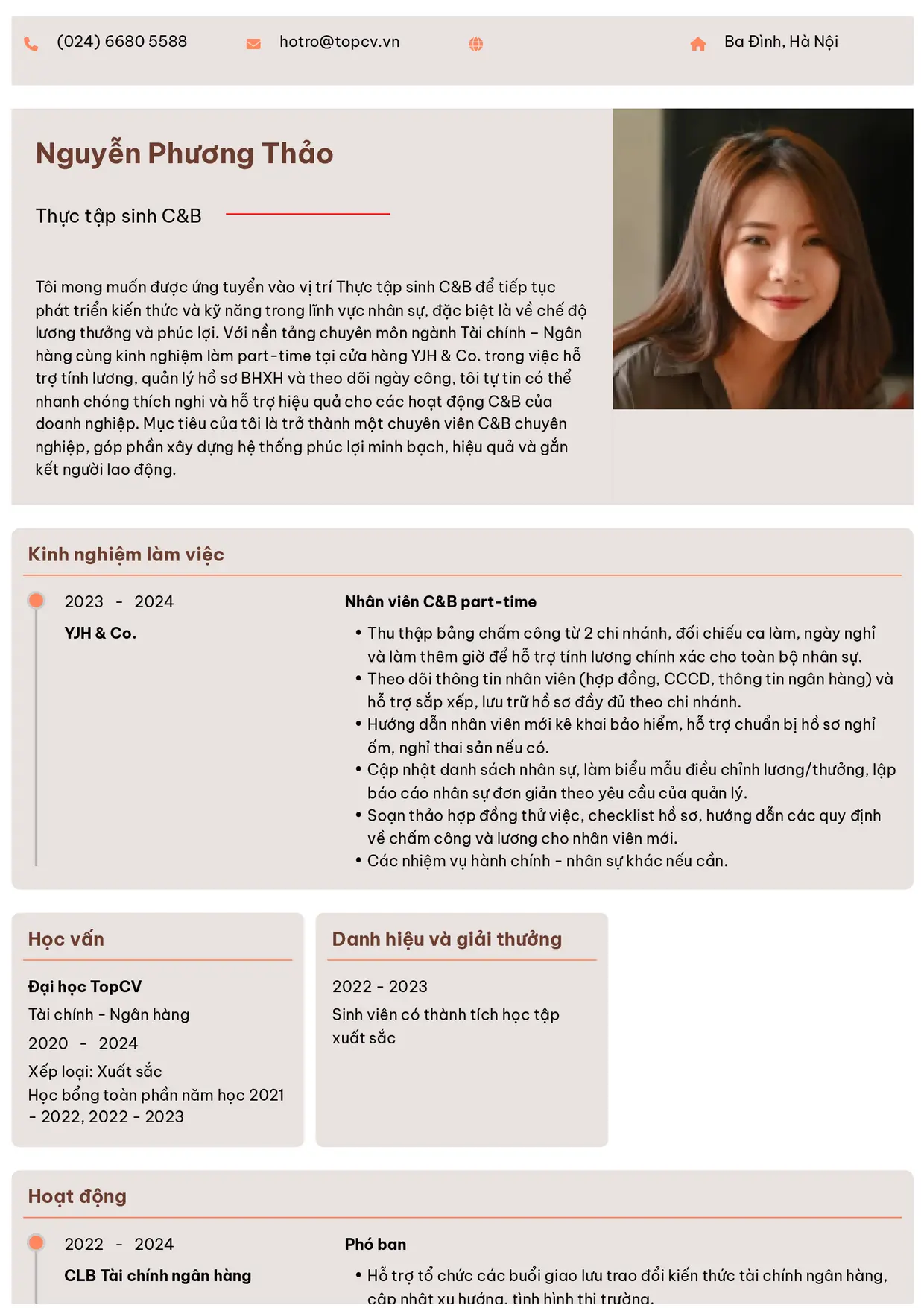 Mẫu CV xin việc Thực tập sinh C&B style Trang trọng