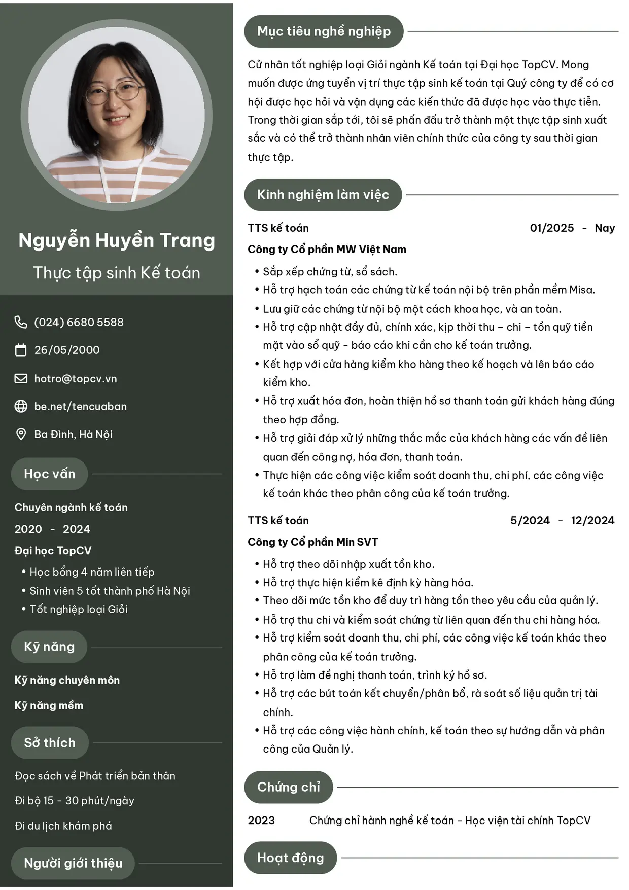 Mẫu CV Thực tập sinh kế toán style Ấn tượng 6