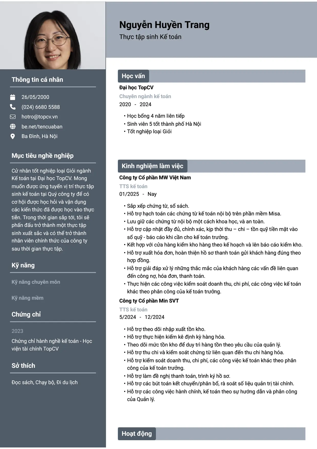 Mẫu CV Thực tập sinh kế toán style Basic 1