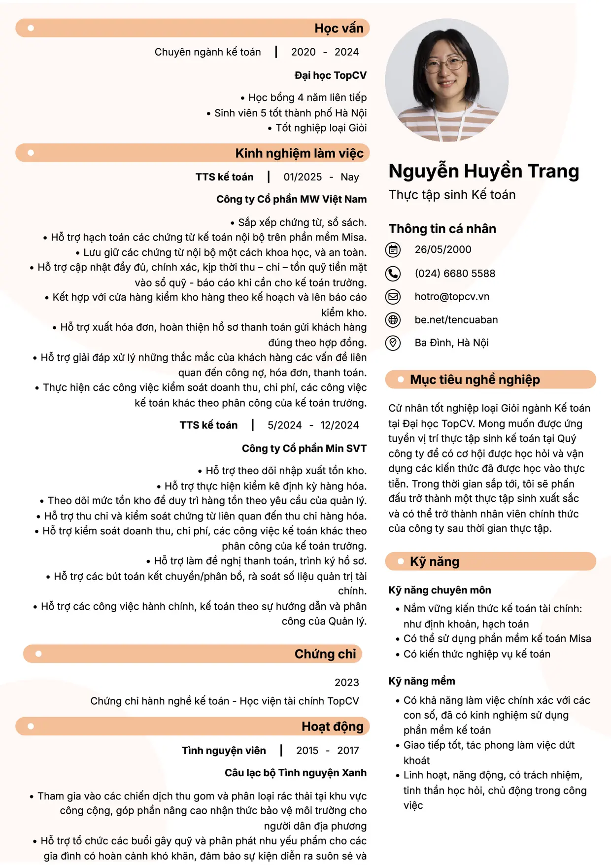 Mẫu CV Thực tập sinh kế toán style Basic 5