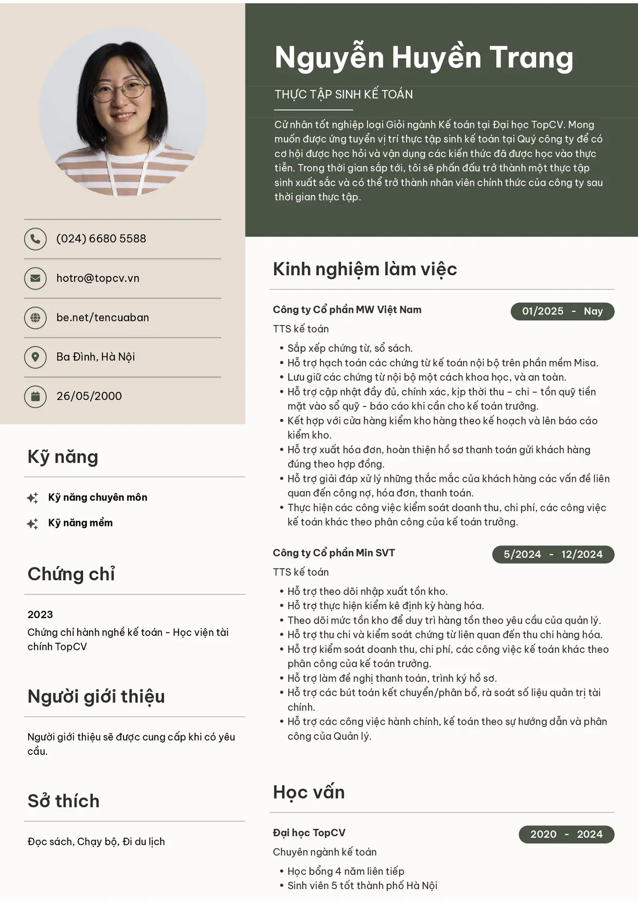 Mẫu CV Thực tập sinh kế toán style Bright