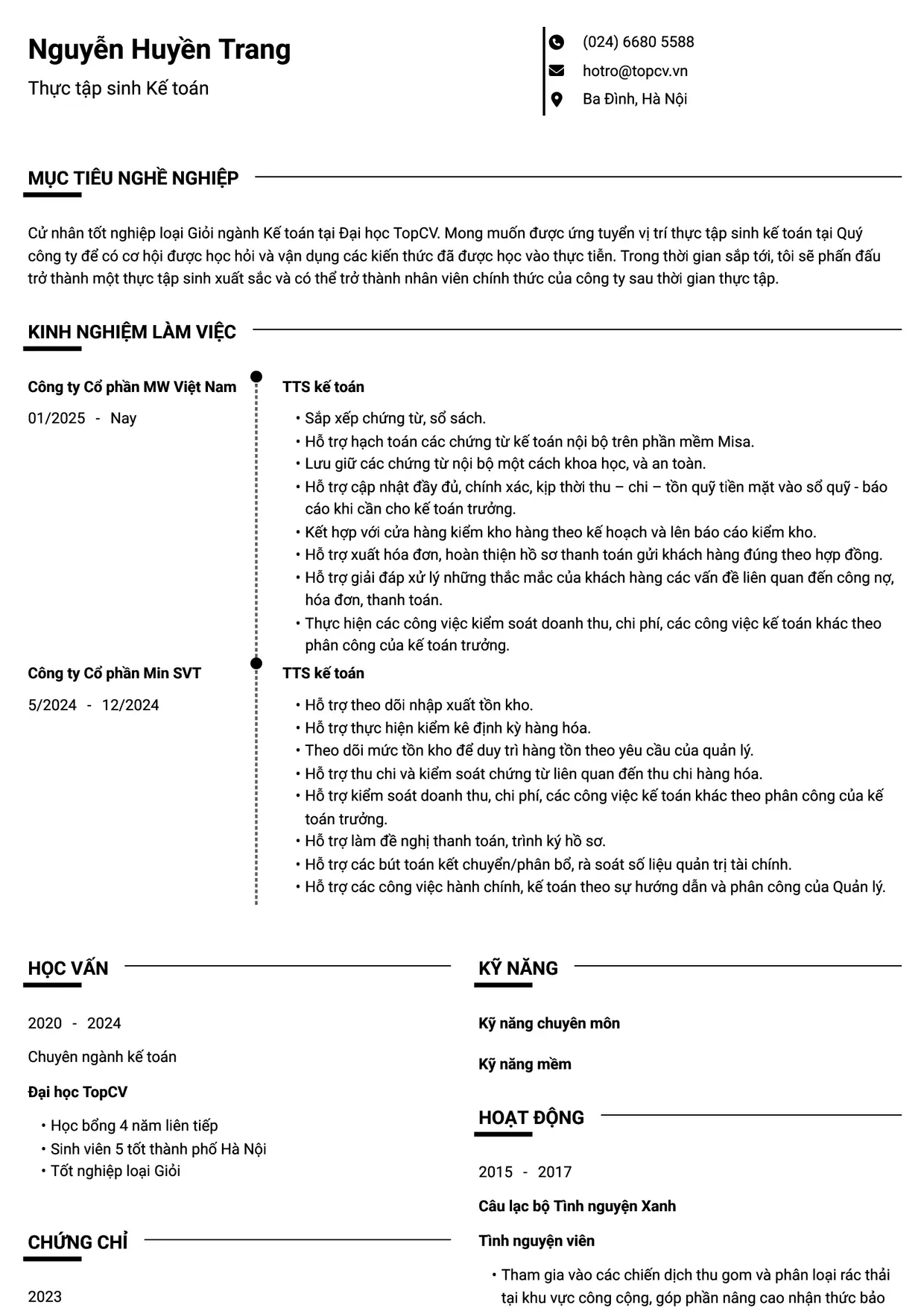 Mẫu CV Thực tập sinh kế toán style Chuyên gia