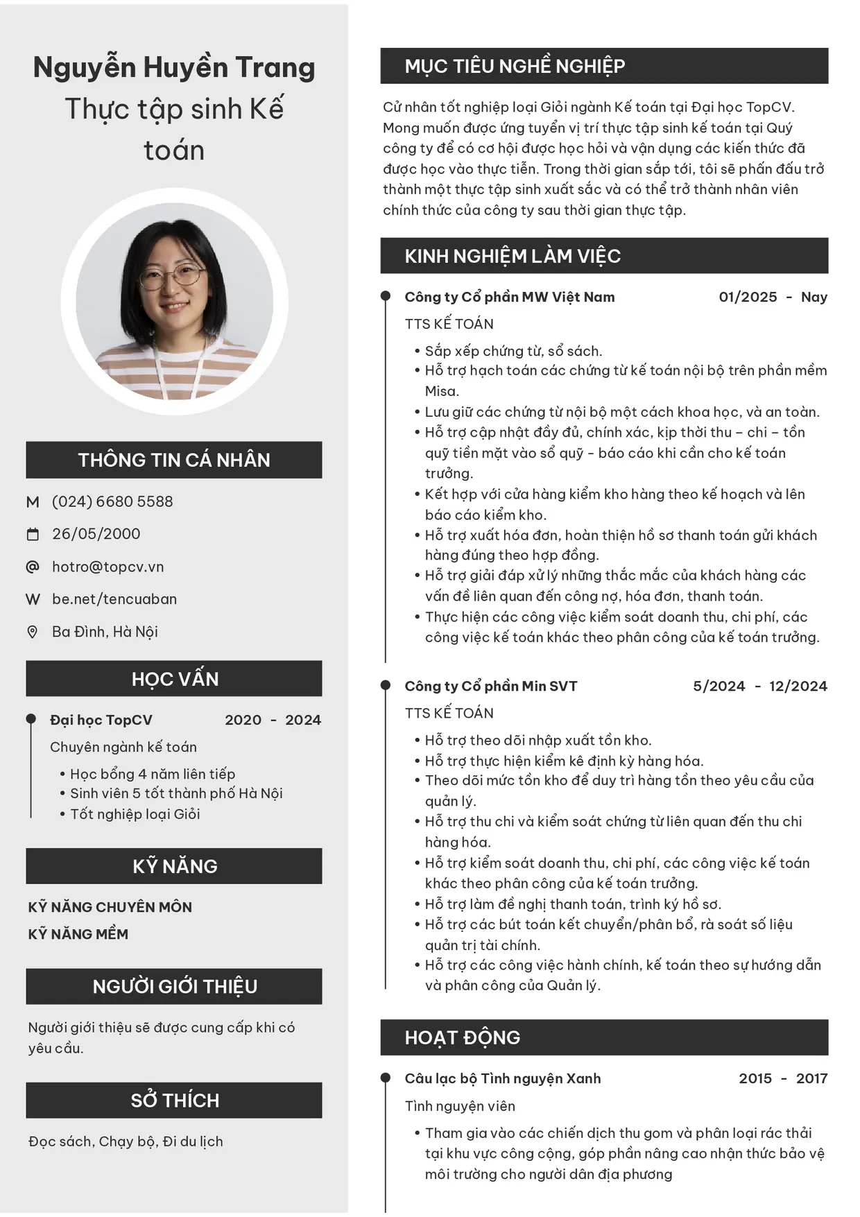 Mẫu CV Thực tập sinh kế toán style Clarity