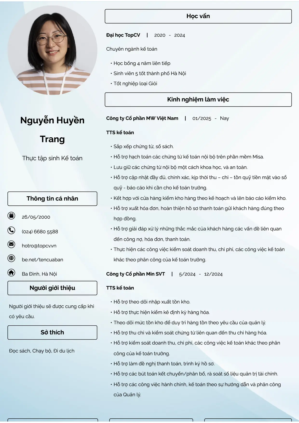 Mẫu CV Thực tập sinh kế toán style Đam mê