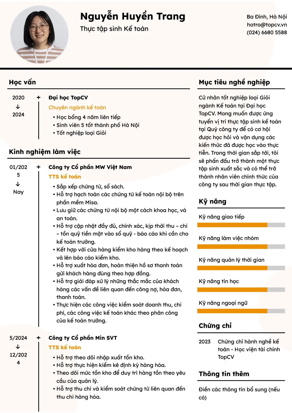 Mẫu CV Thực tập sinh kế toán style Dòng Thời Gian