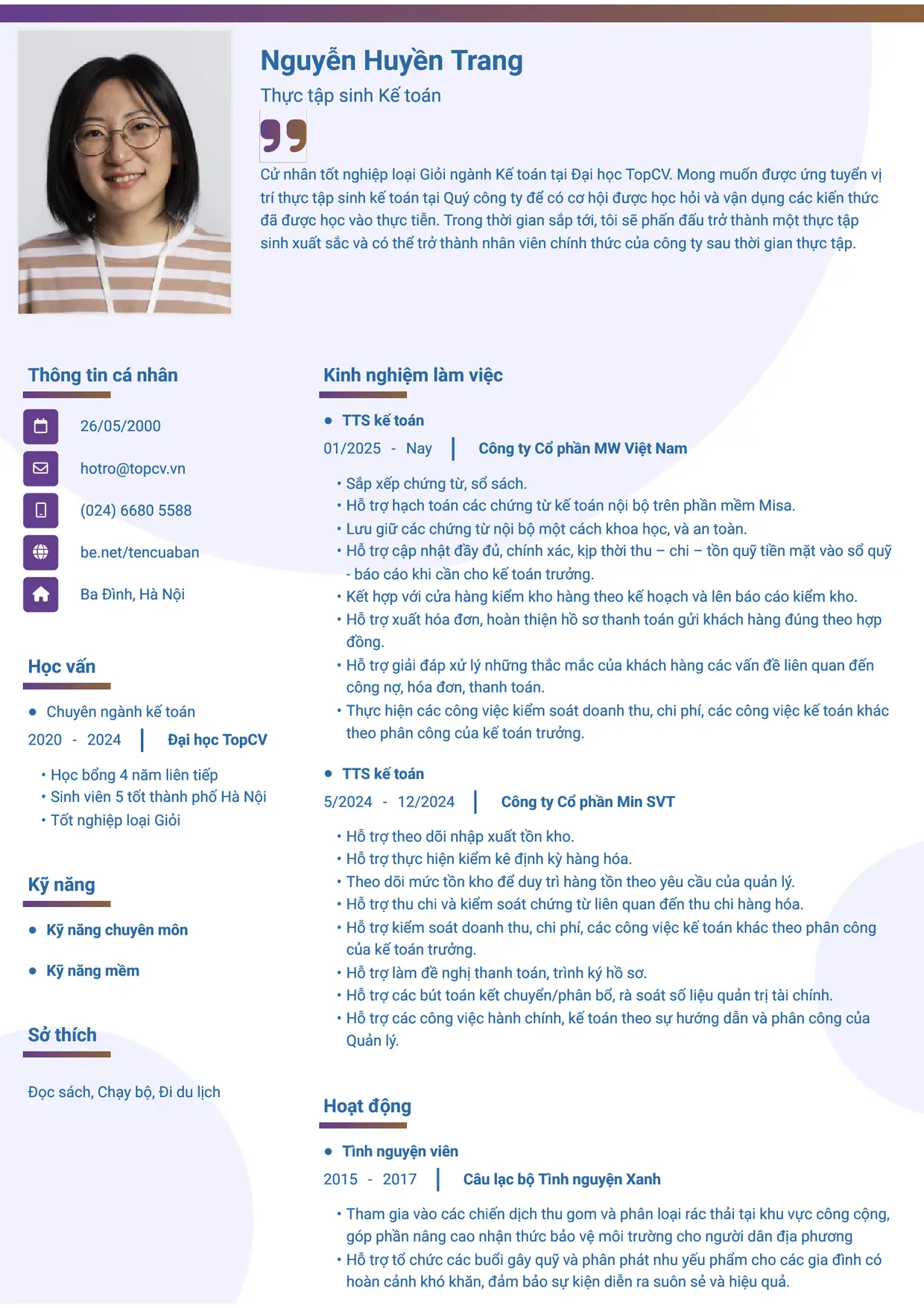 Mẫu CV Thực tập sinh kế toán style Gradient 1