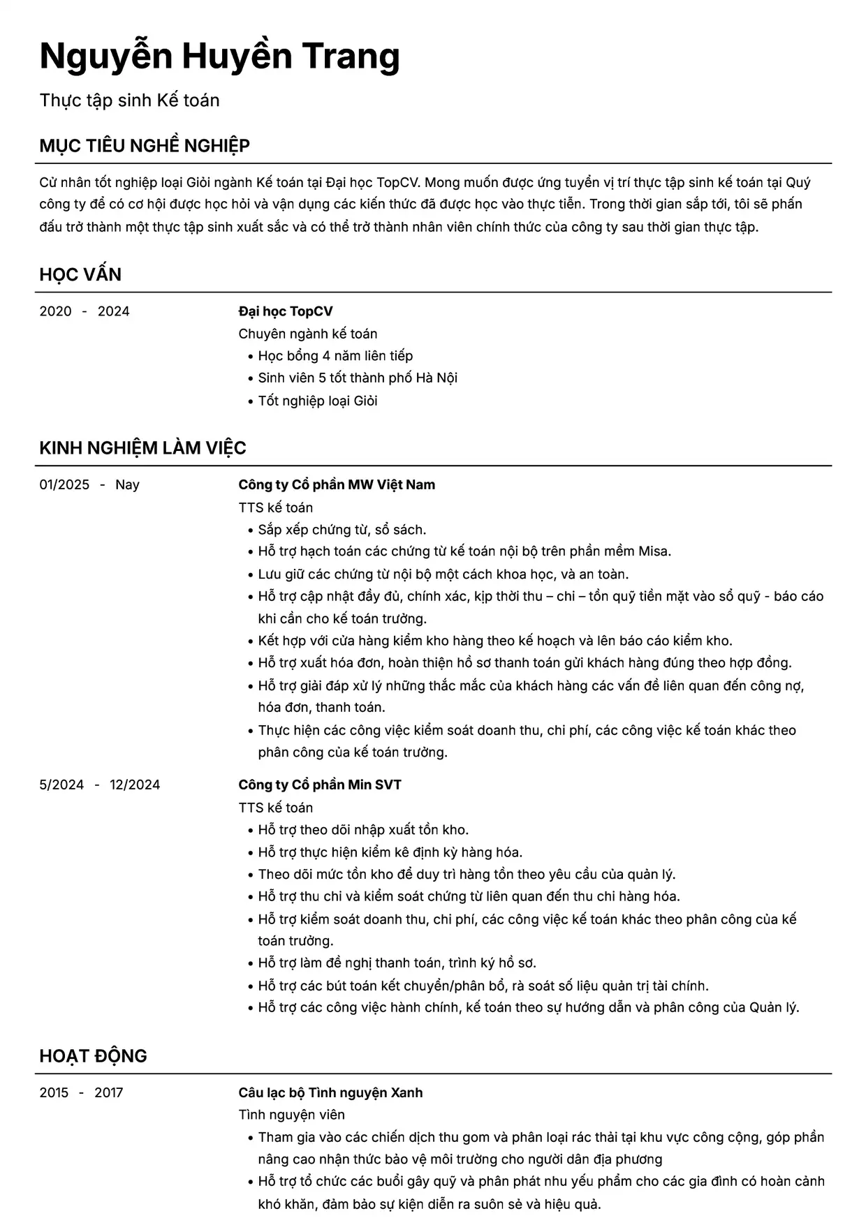 Mẫu CV Thực tập sinh kế toán style Headhunt