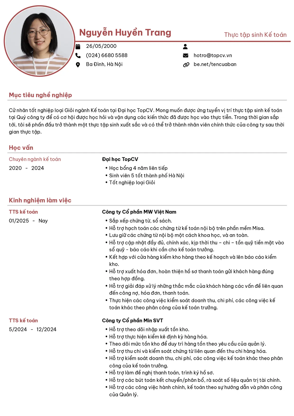 Mẫu CV Thực tập sinh kế toán style Hiện Đại 1