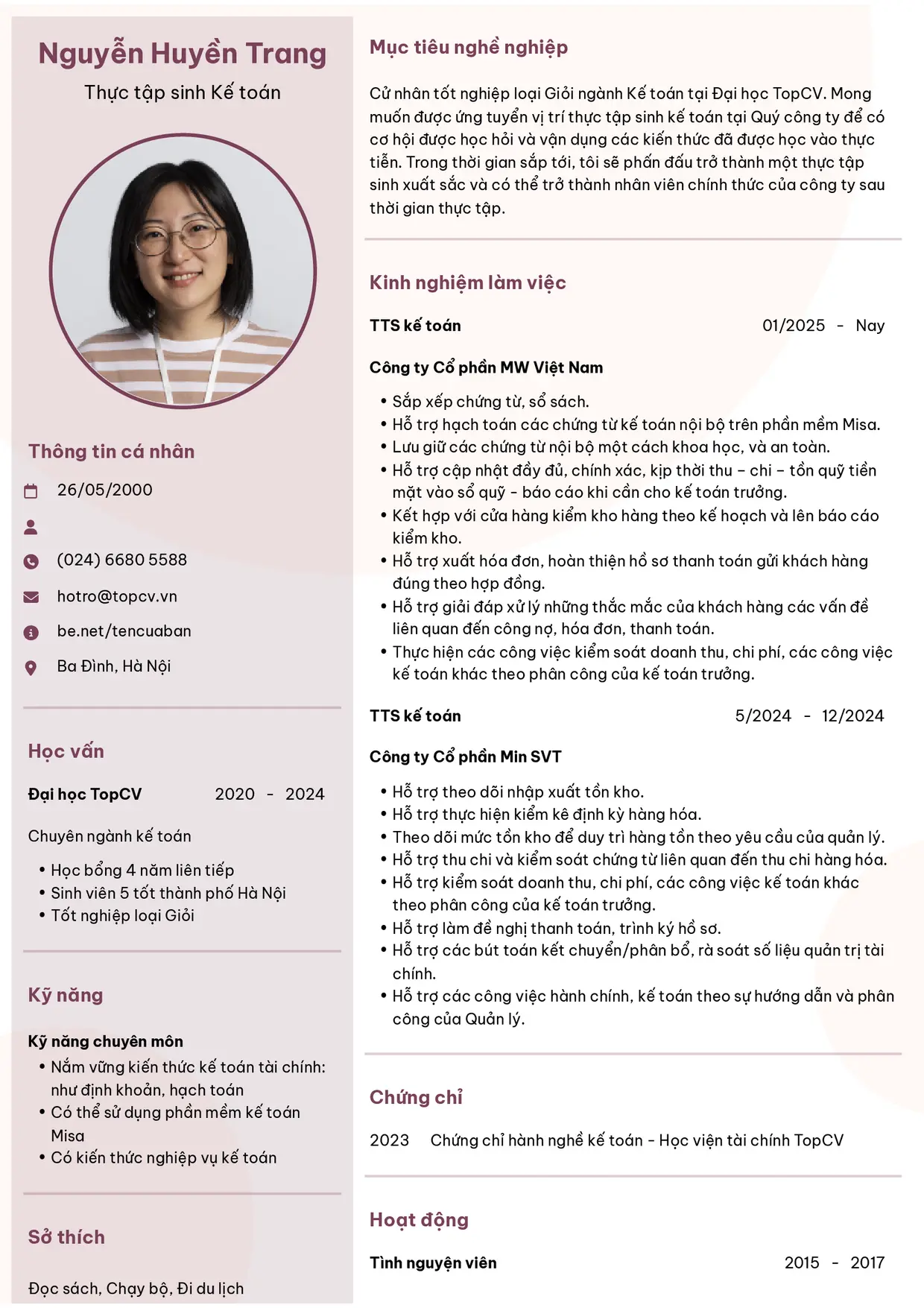 Mẫu CV Thực tập sinh kế toán style Hiện đại 6