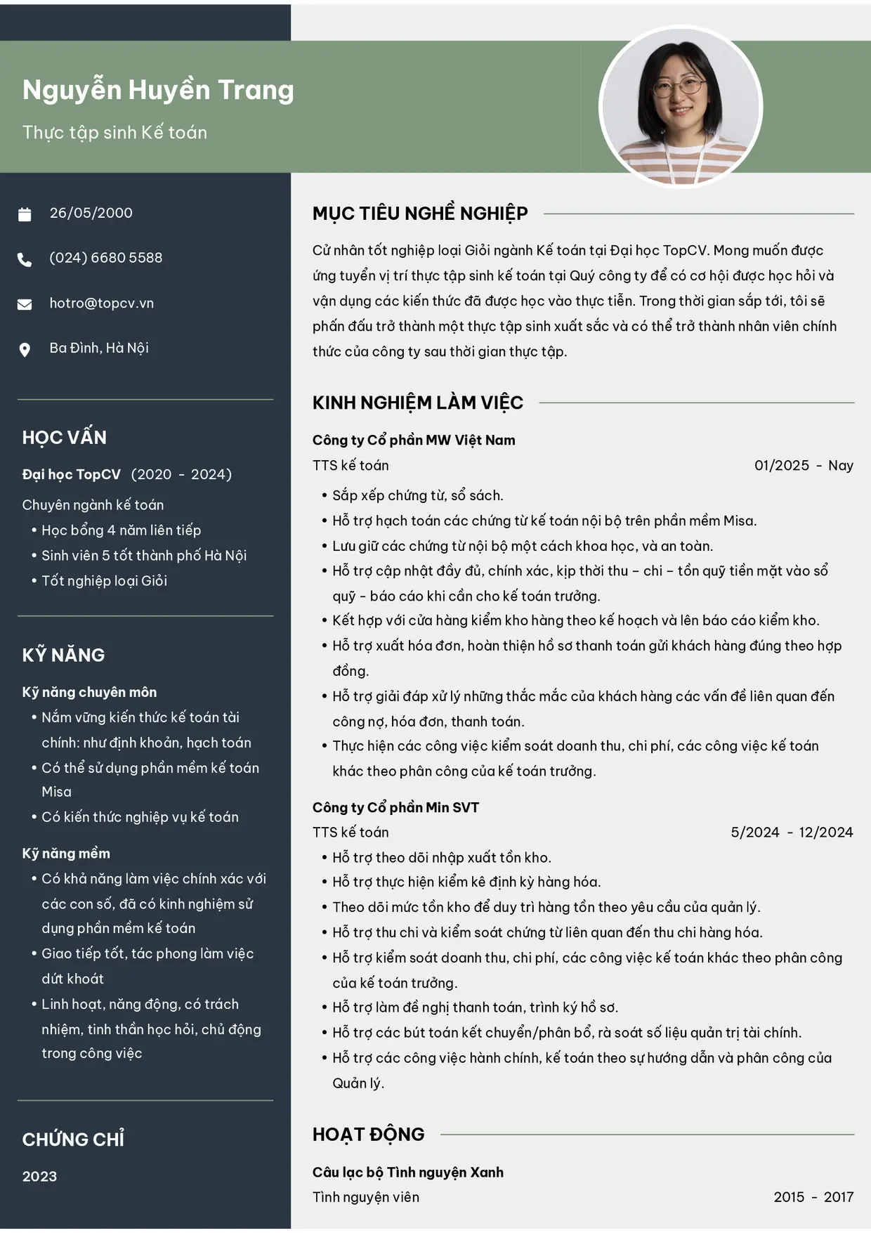 Mẫu CV Thực tập sinh kế toán style Outstanding 10