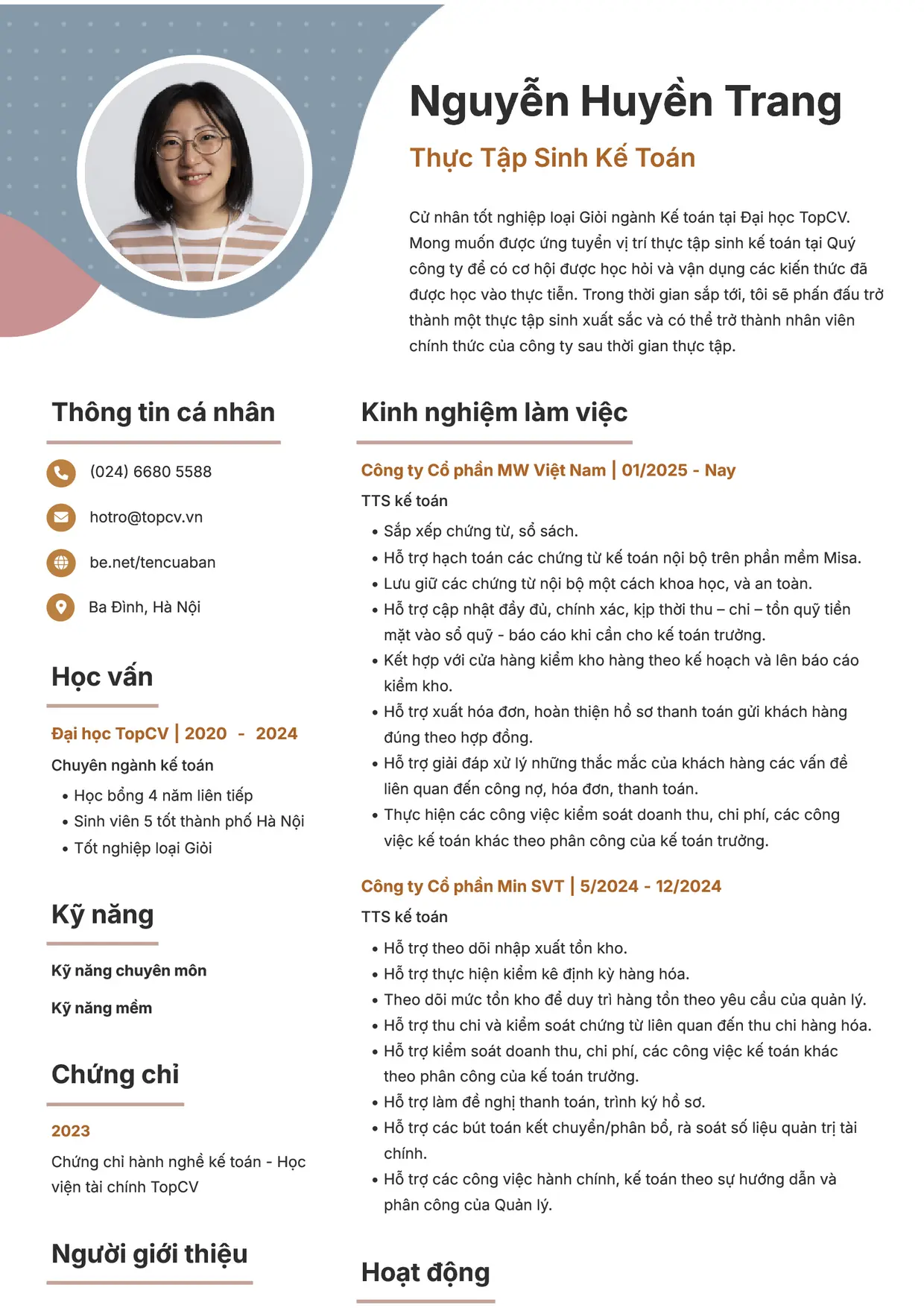 Mẫu CV Thực tập sinh kế toán style Sáng tạo