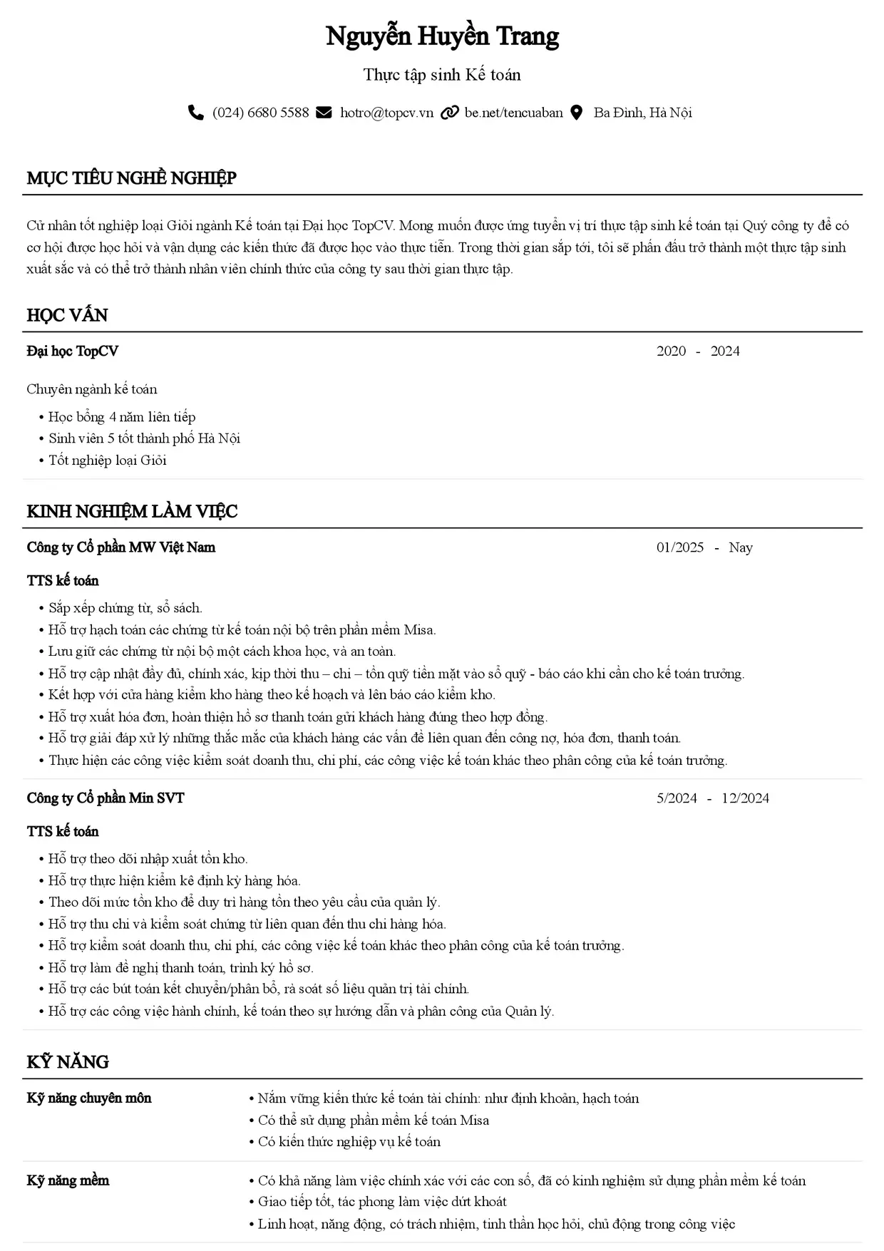 Mẫu CV Thực tập sinh kế toán style Senior