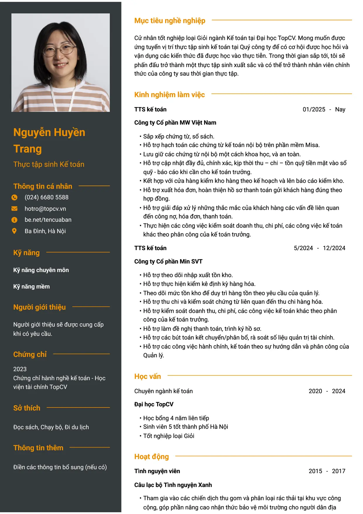 Mẫu CV Thực tập sinh kế toán style Tham vọng