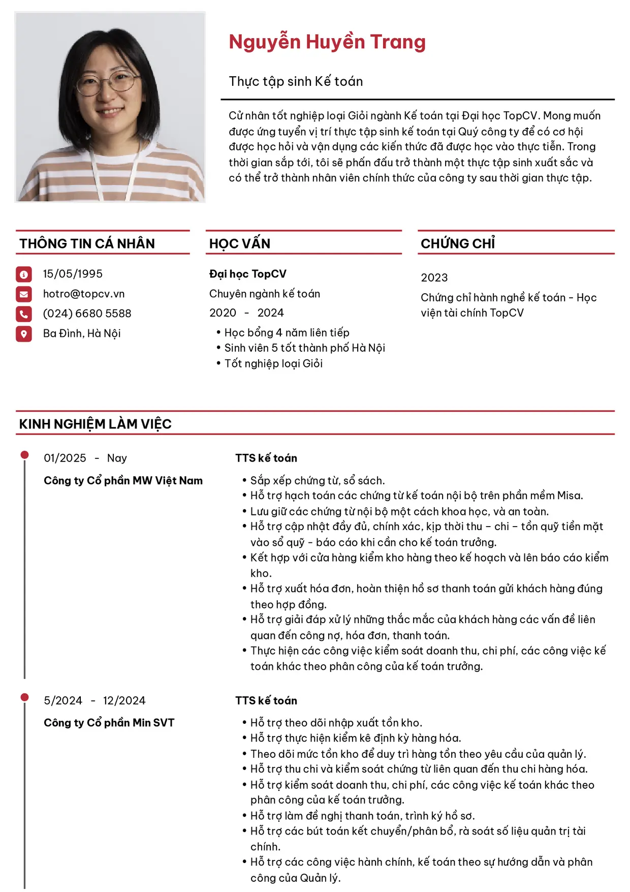 Mẫu CV Thực tập sinh kế toán style Thanh lịch