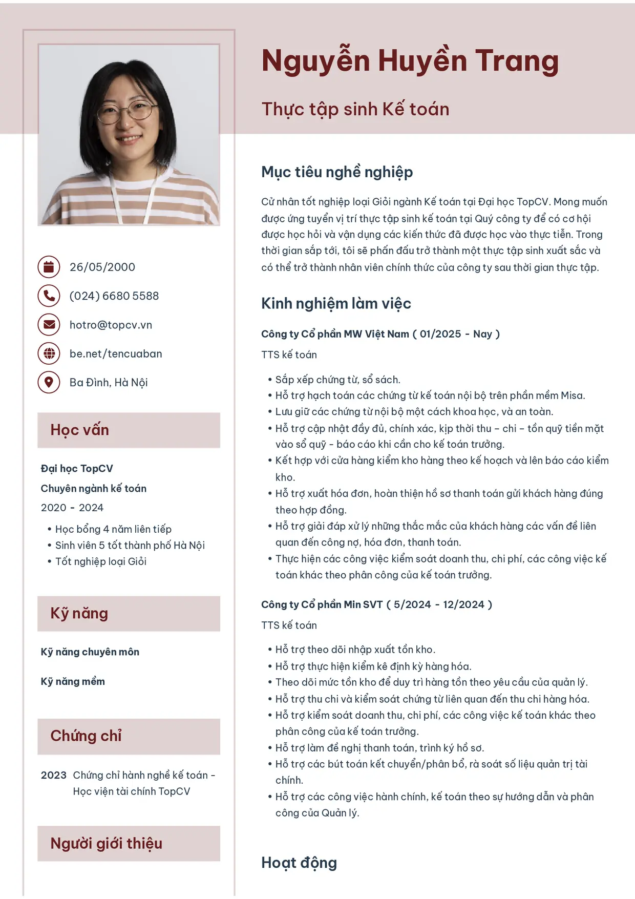 Mẫu CV Thực tập sinh kế toán style Thanh nhã