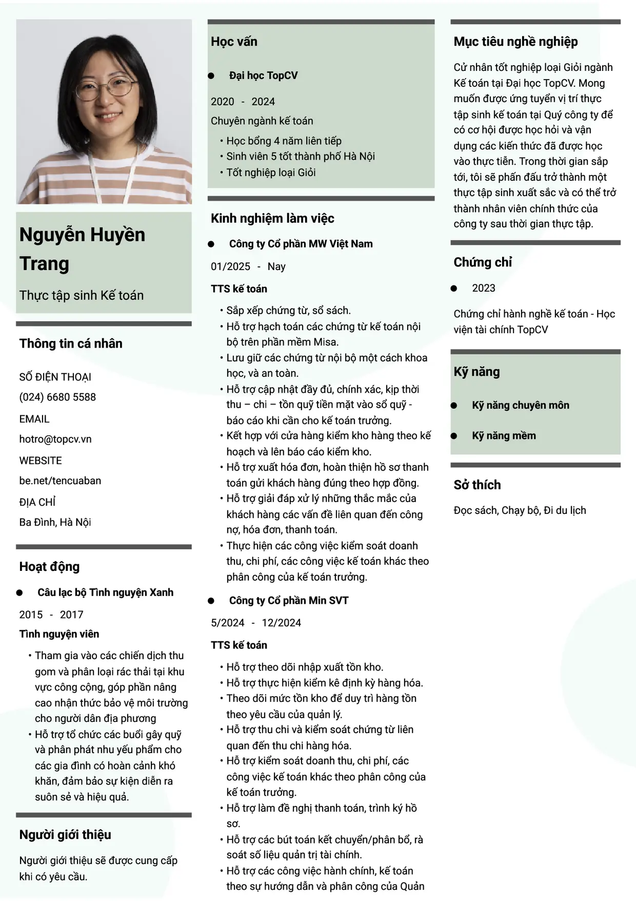 Mẫu CV Thực tập sinh kế toán style Thời đại