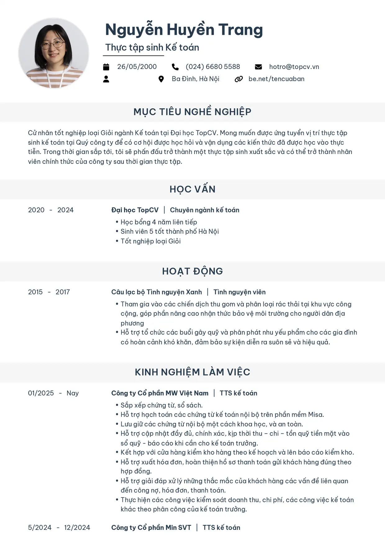 Mẫu CV Thực tập sinh kế toán style Tiêu chuẩn (ít kinh nghiệm)