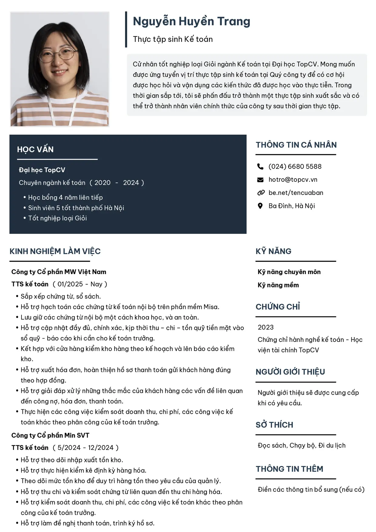 Mẫu CV Thực tập sinh kế toán style Tối giản 2