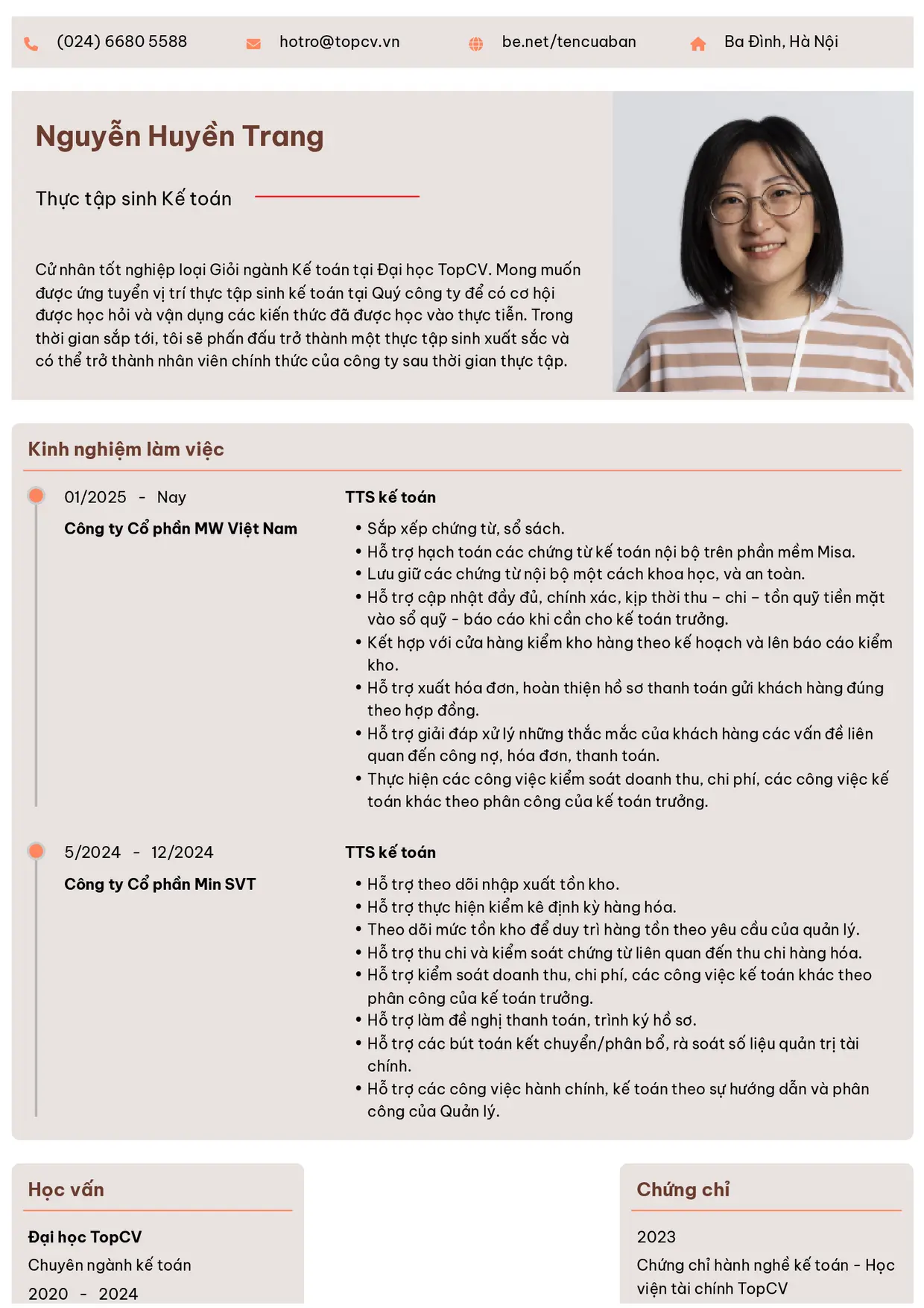 Mẫu CV Thực tập sinh kế toán style Trang trọng
