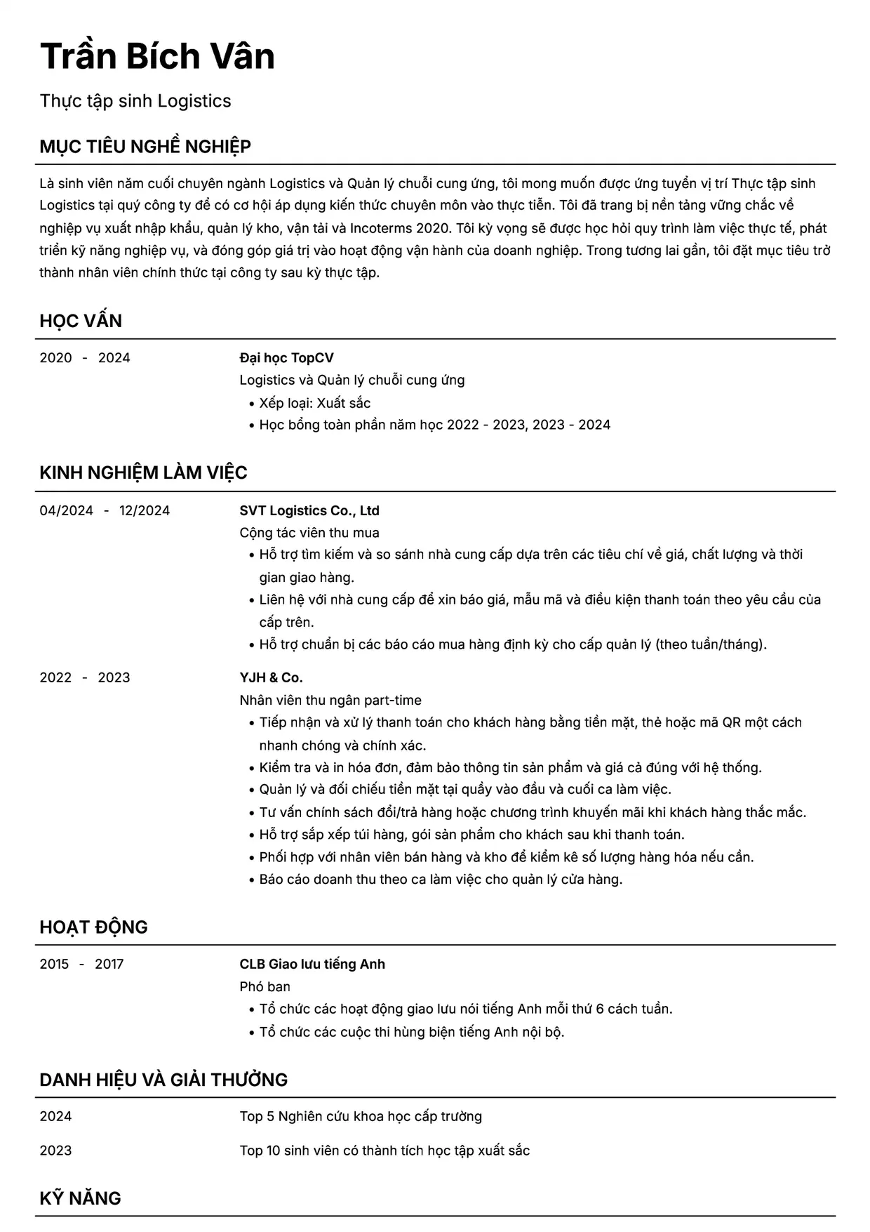 Mẫu CV xin việc Thực tập sinh Logistics style Headhunt