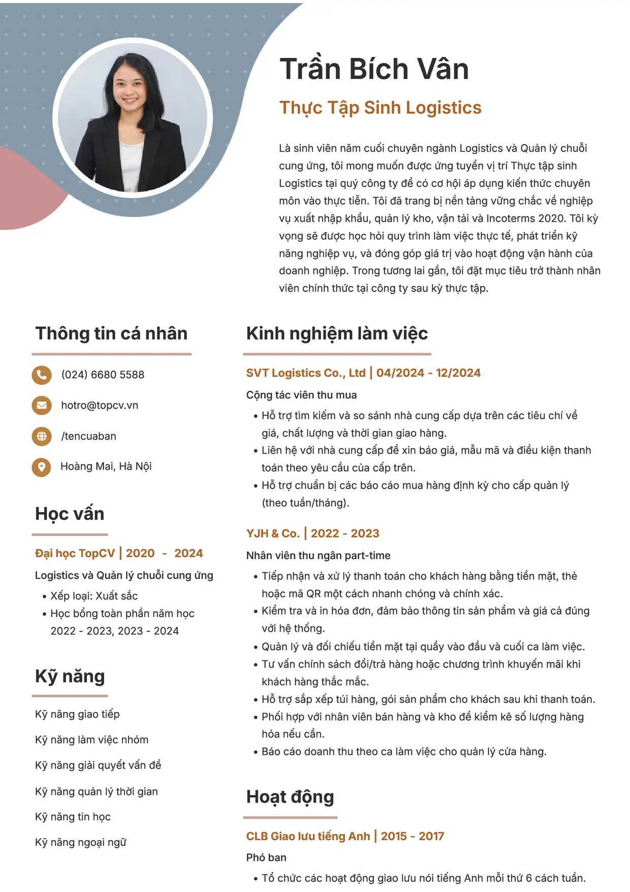 Mẫu CV xin việc Thực tập sinh Logistics style Sáng tạo