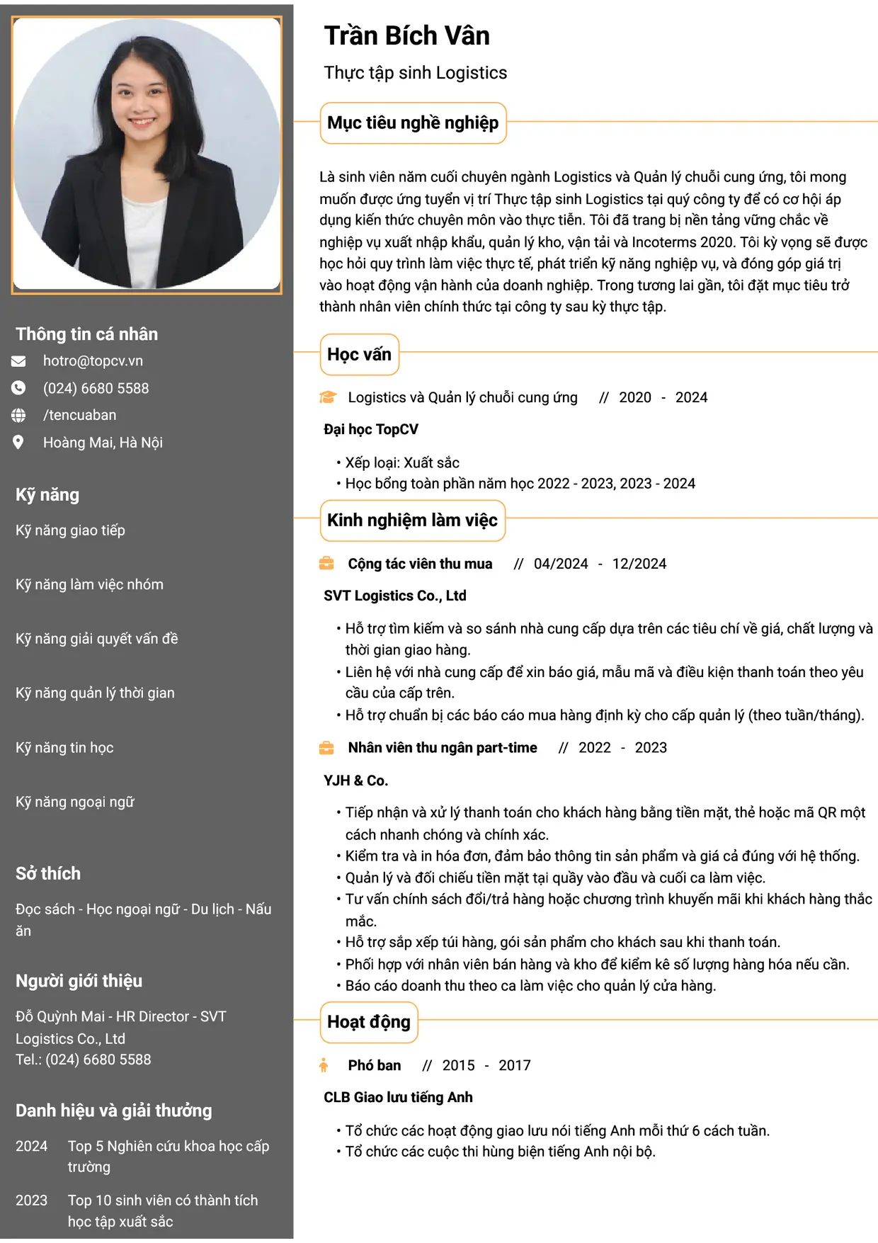 Mẫu CV xin việc Thực tập sinh Logistics style Thành đạt