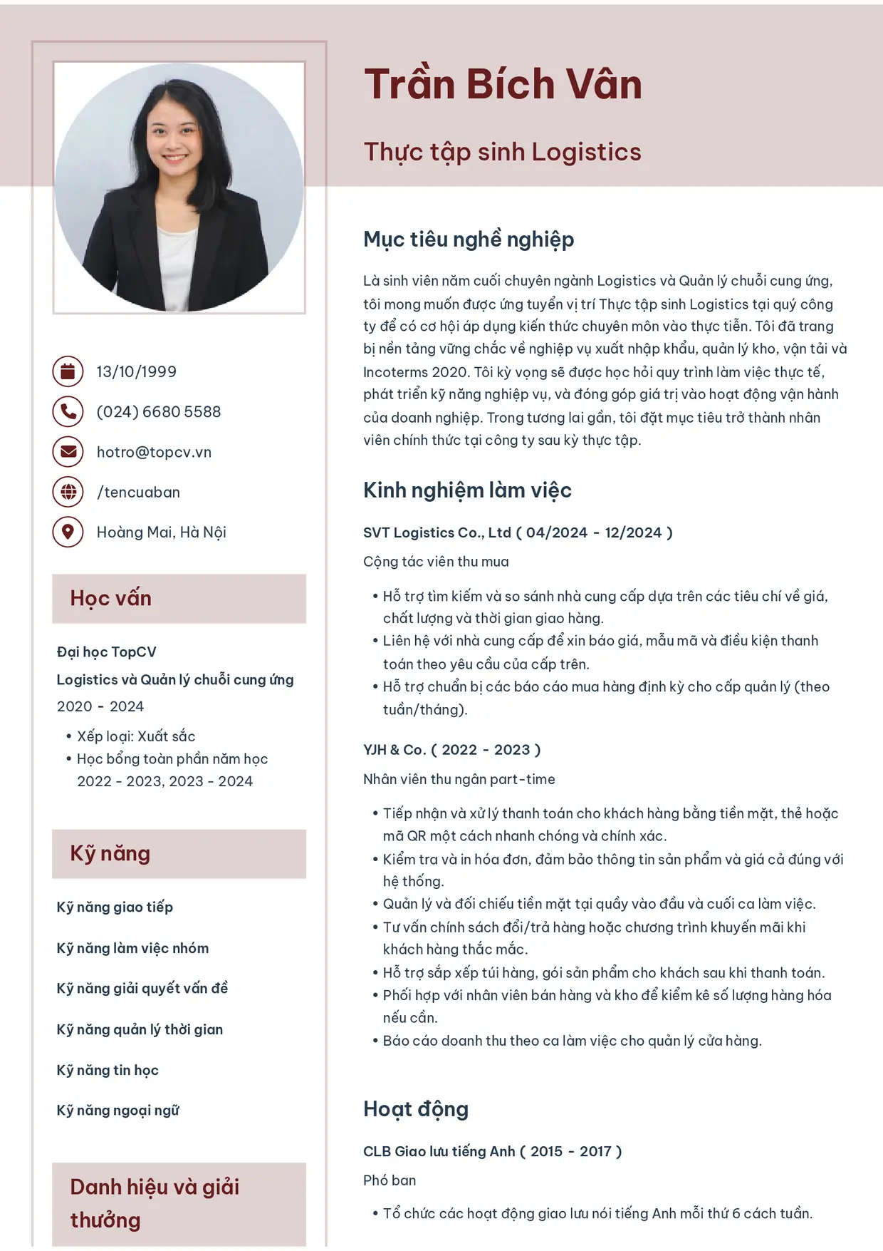 Mẫu CV xin việc Thực tập sinh Logistics style Thanh nhã