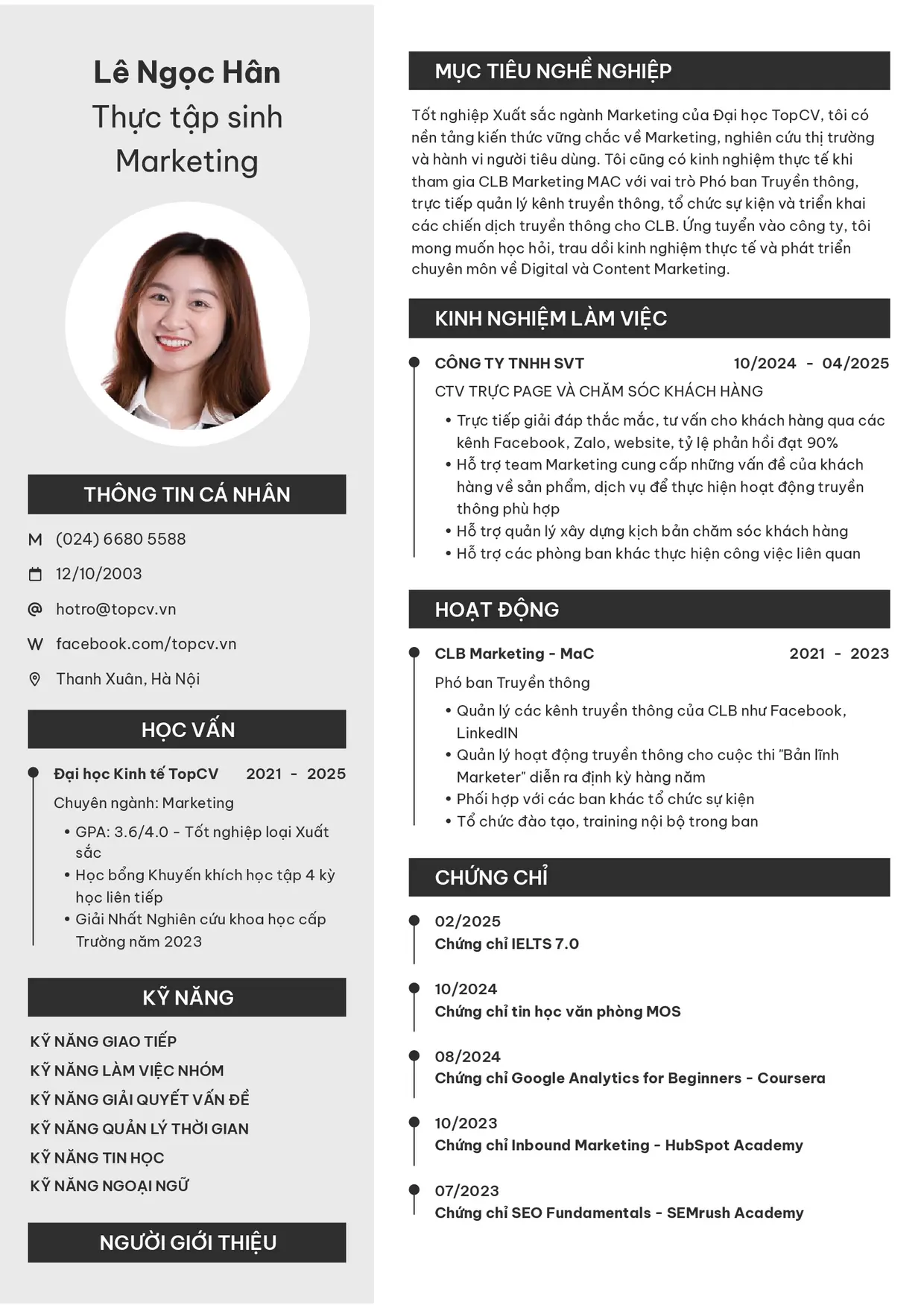 Mẫu CV xin việc Thực tập sinh style Clarity