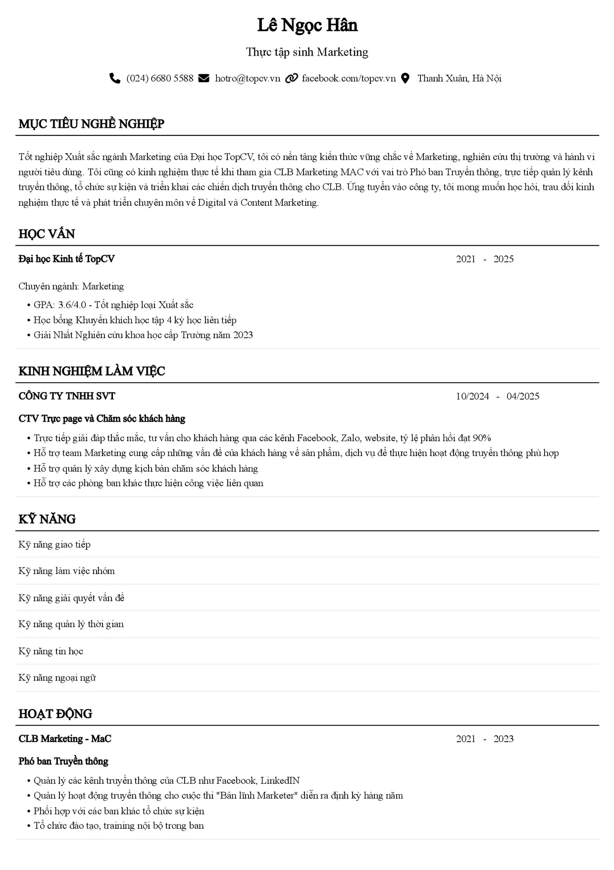 Mẫu CV xin việc Thực tập sinh style Senior