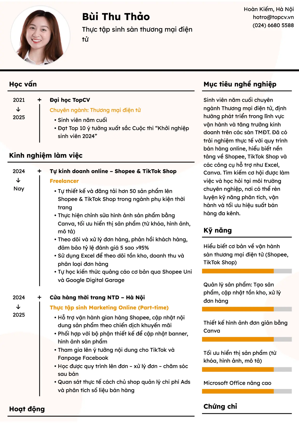 Mẫu CV Thực tập sinh sàn thương mại điện tử style Dòng Thời Gian