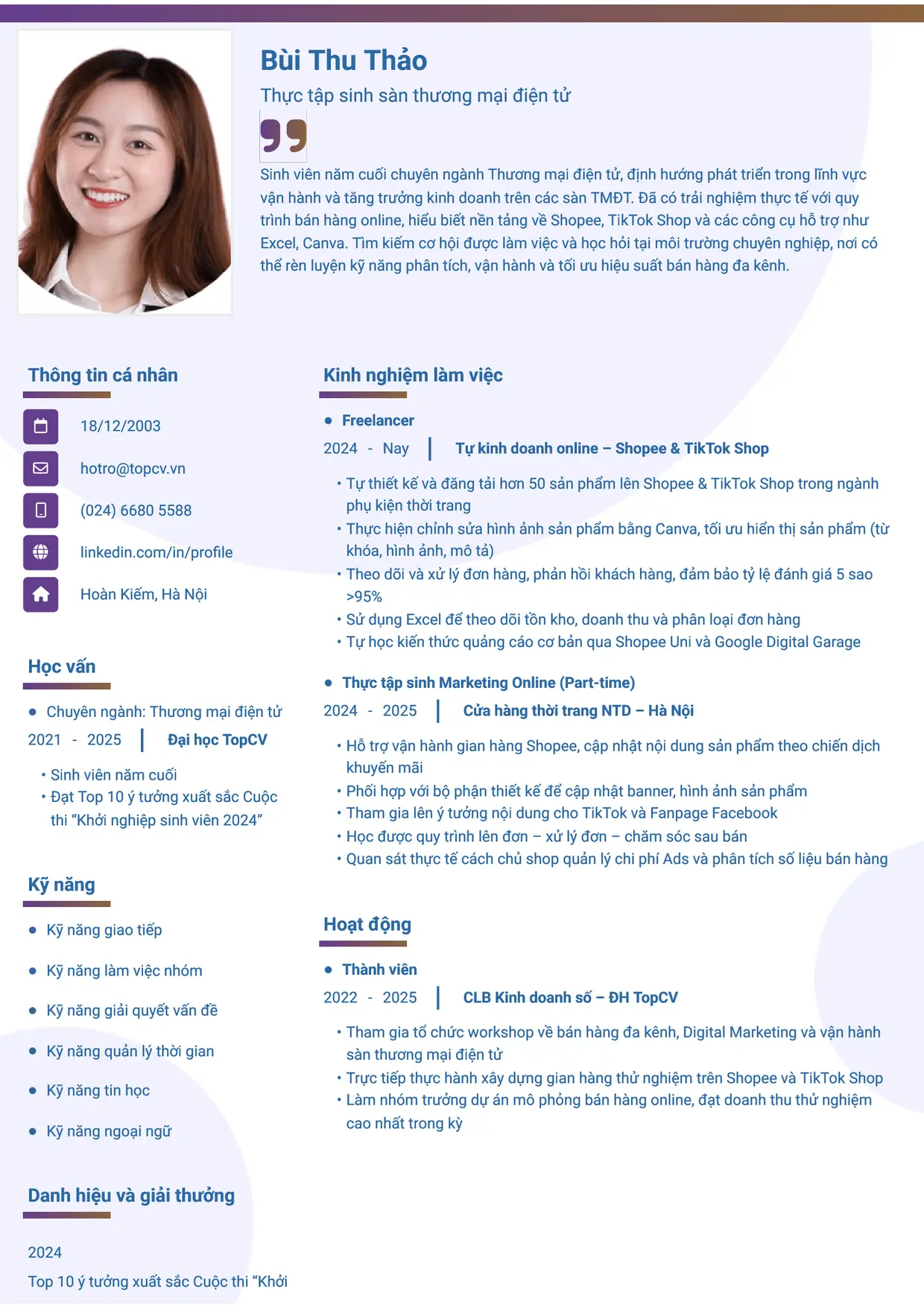 Mẫu CV Thực tập sinh sàn thương mại điện tử style Gradient 1