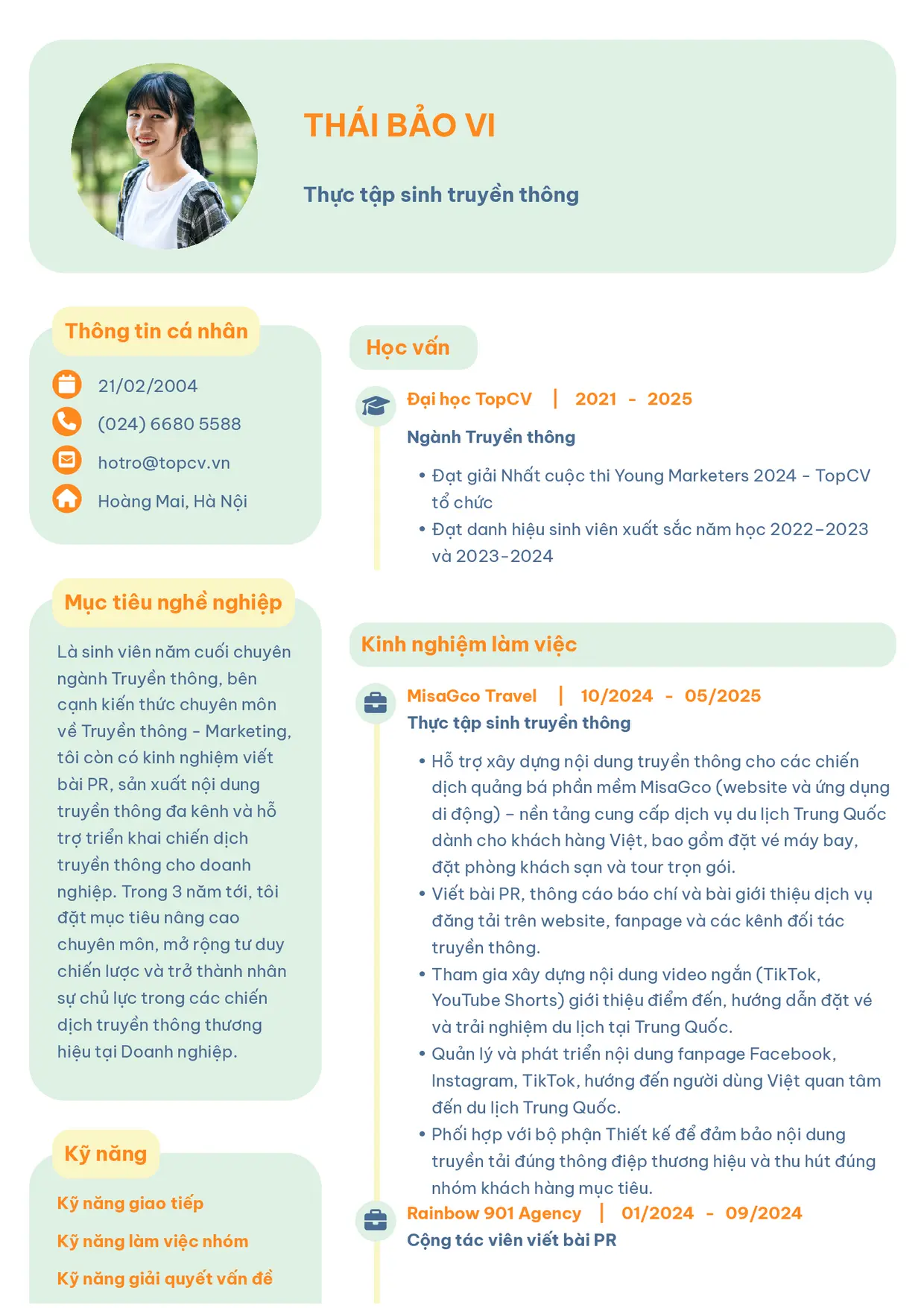 Mẫu CV Thực tập sinh truyền thông style Basic 3