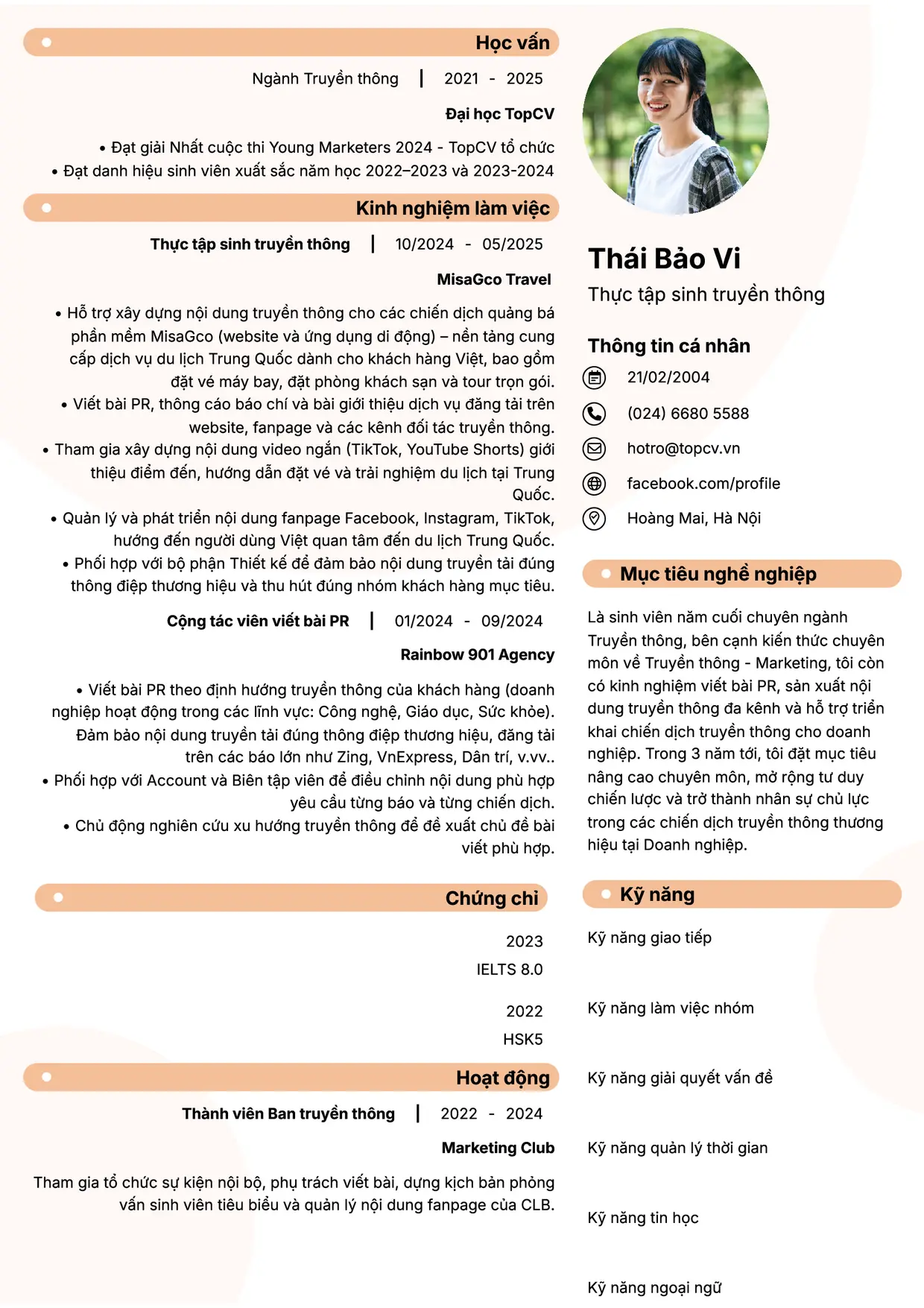 Mẫu CV Thực tập sinh truyền thông style Basic 5