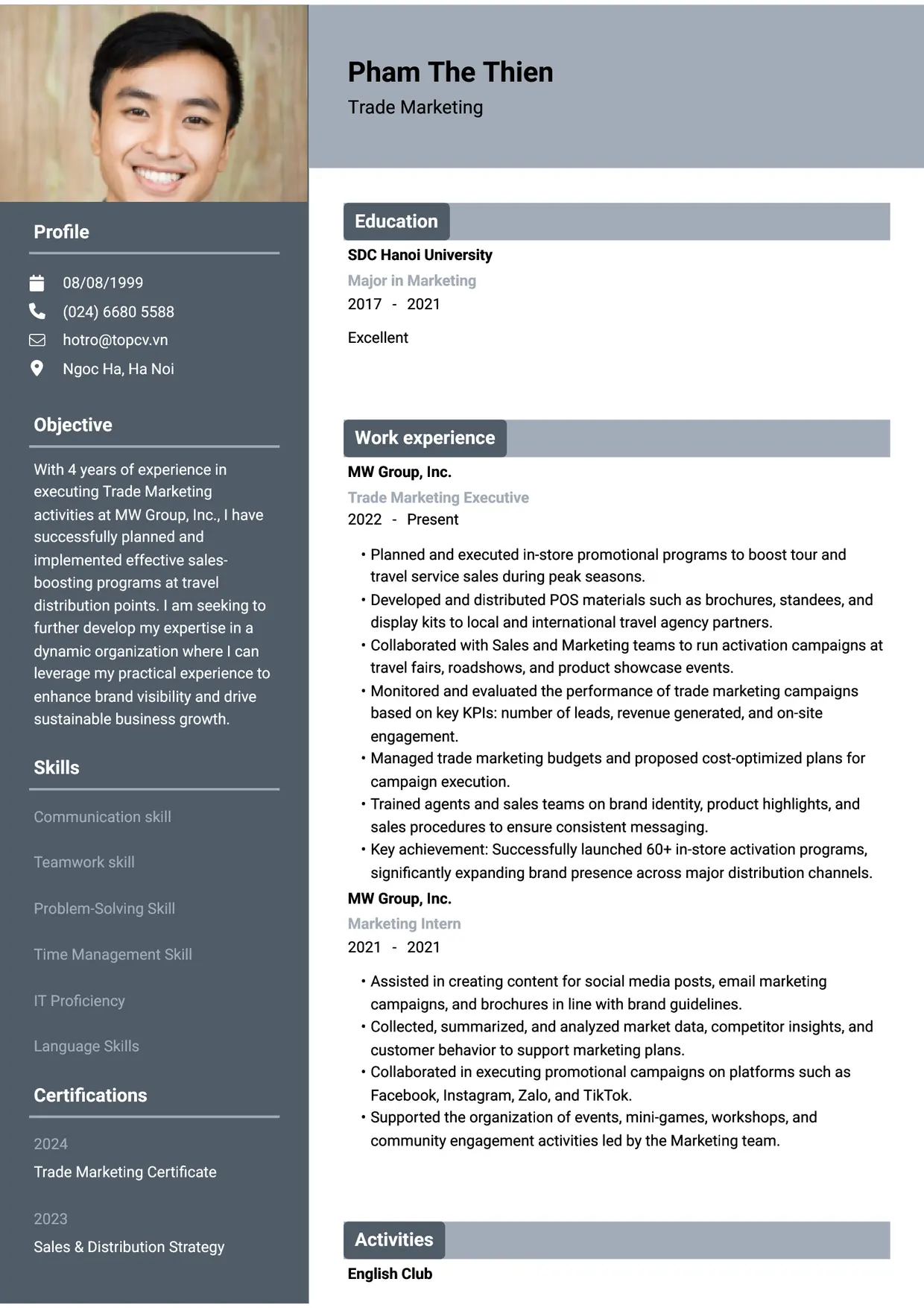 Mẫu CV xin việc Trade Marketing style Basic 1