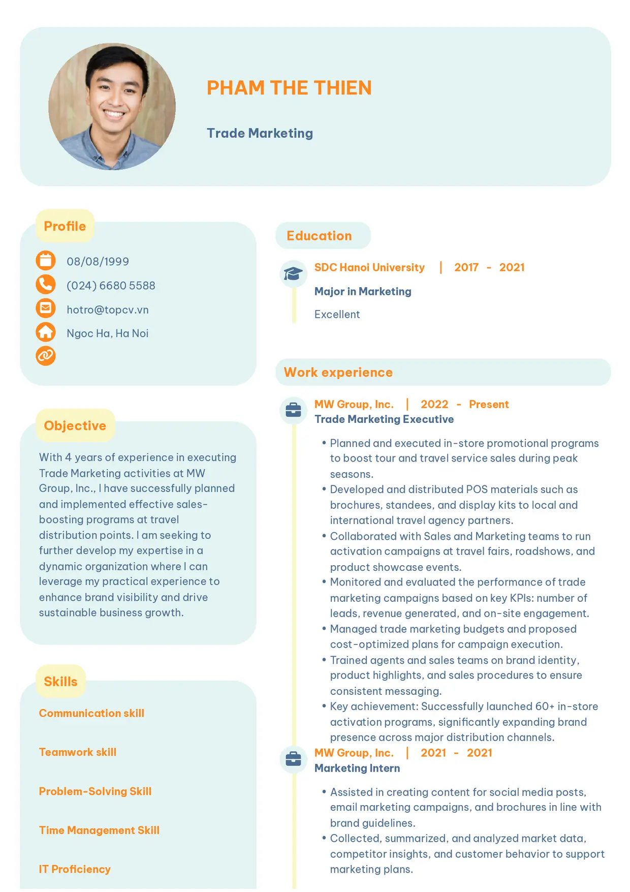 Mẫu CV xin việc Trade Marketing style Basic 3