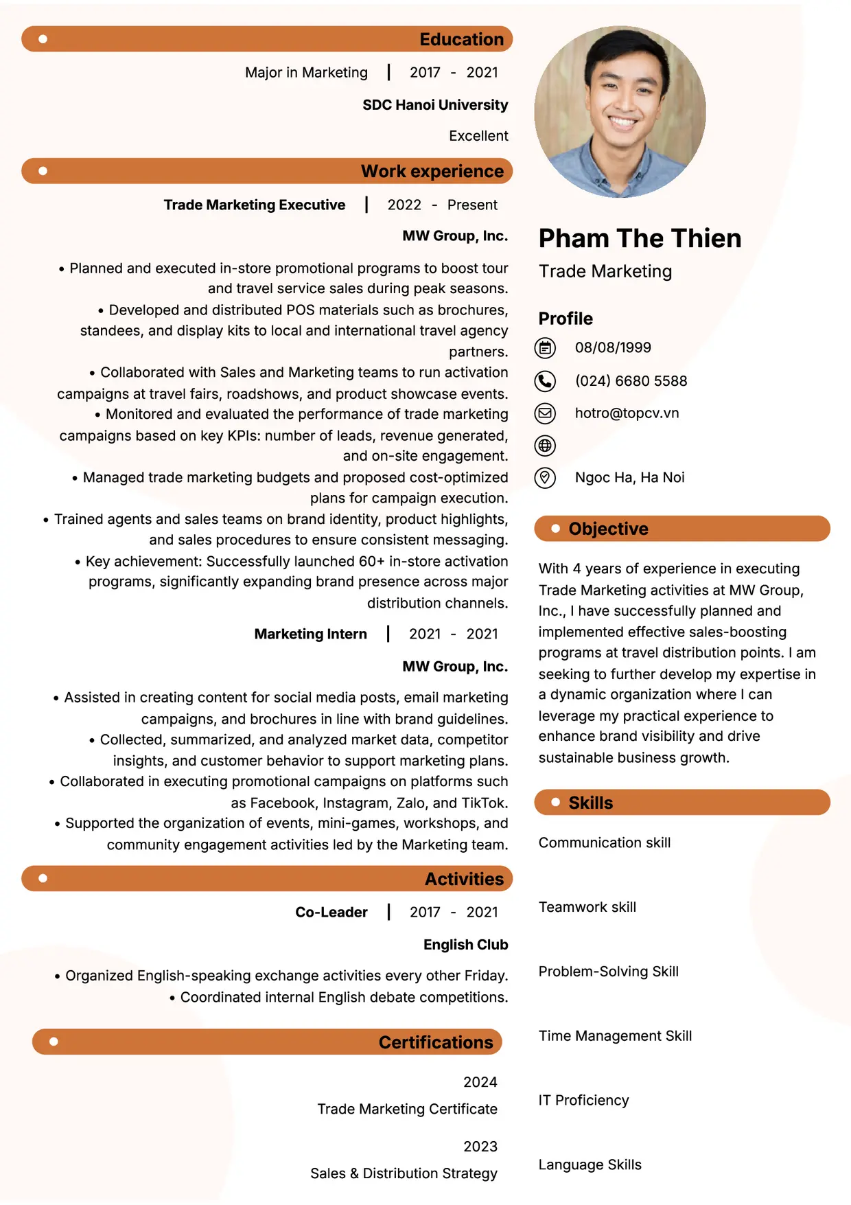 Mẫu CV xin việc Trade Marketing style Basic 5
