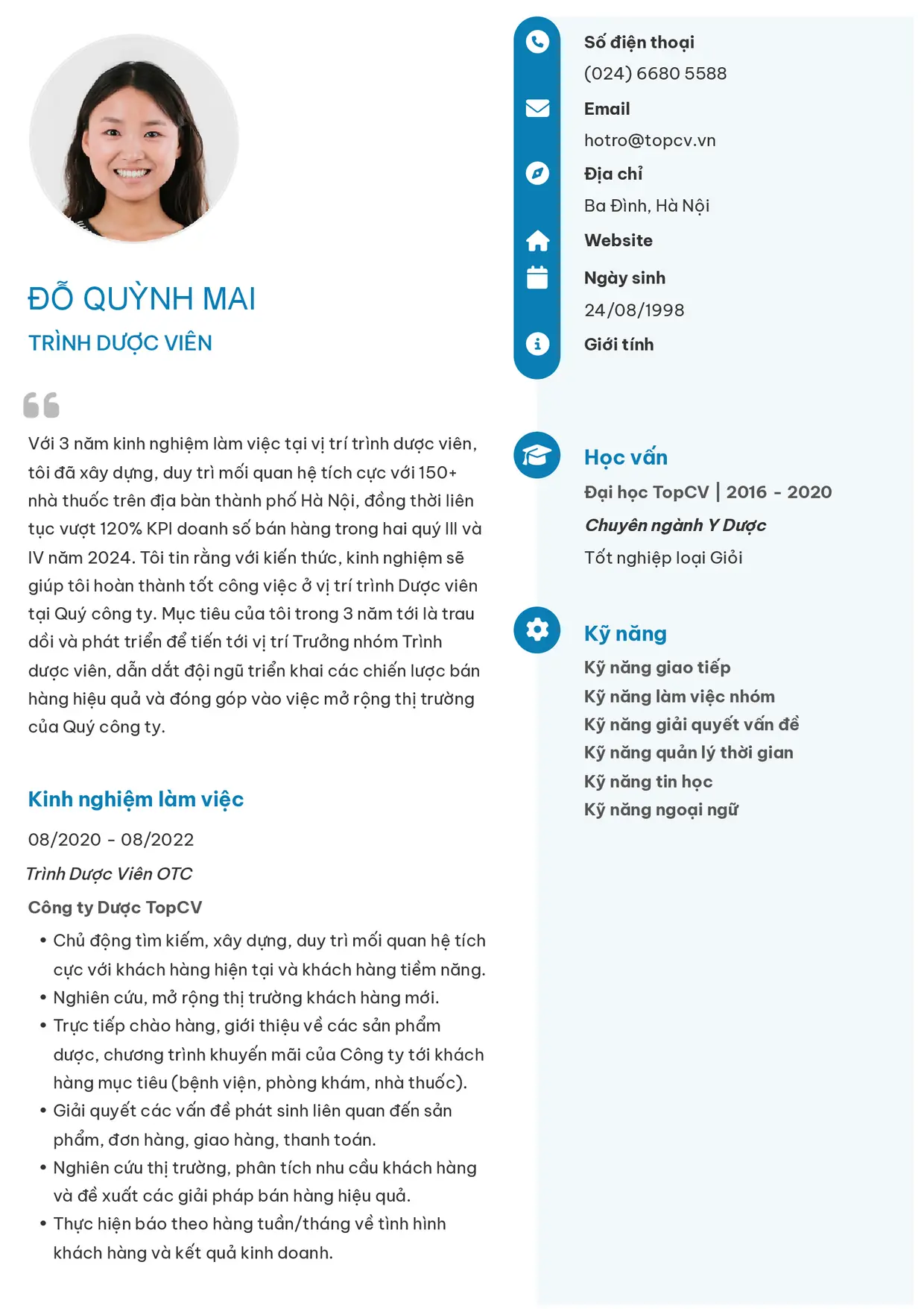 Mẫu CV xin việc Trình dược viên style Basic 4
