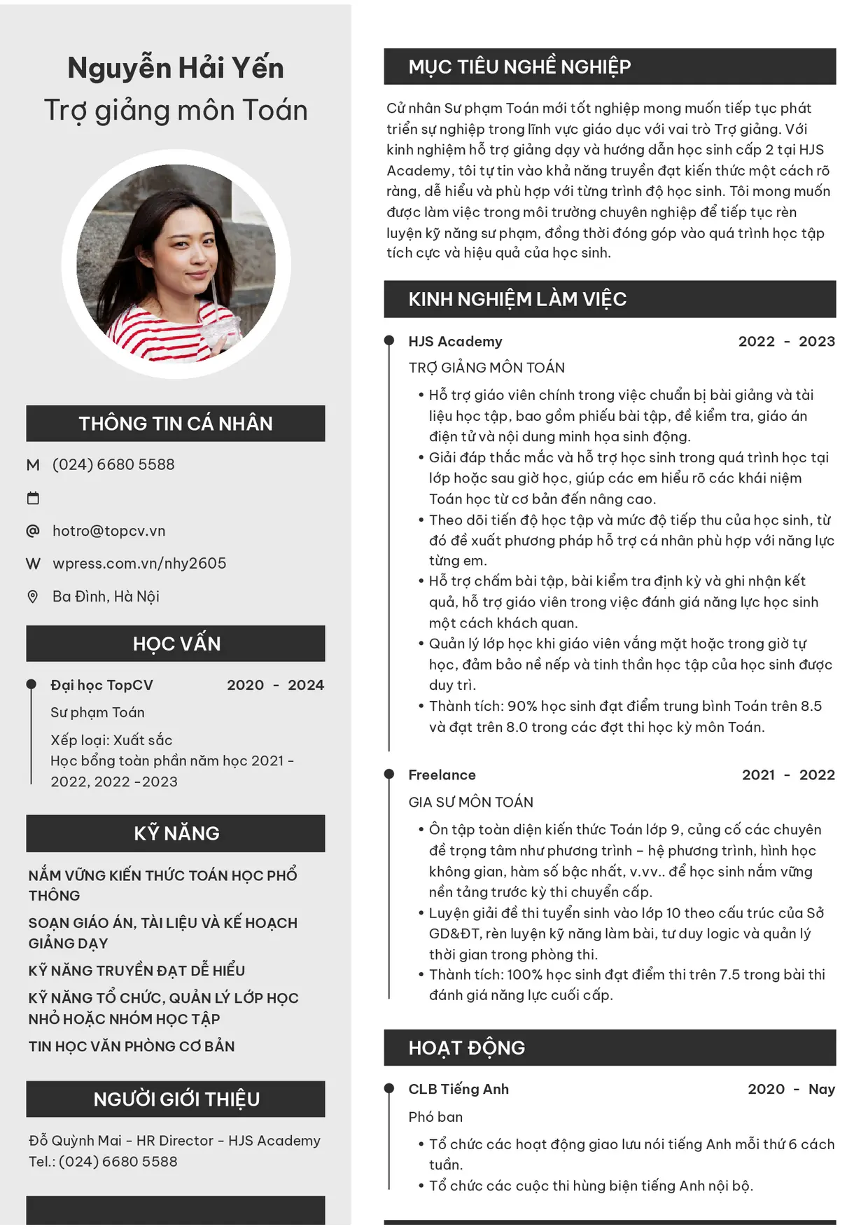 Mẫu CV xin việc Trợ giảng style Clarity