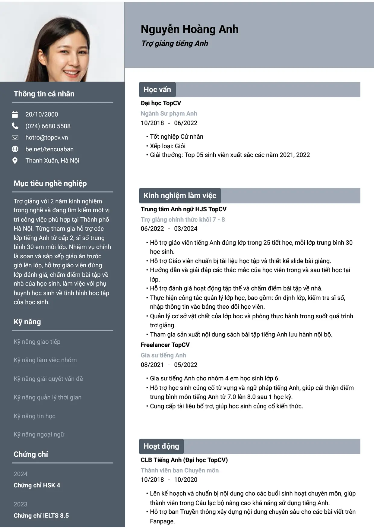 Mẫu CV Trợ giảng tiếng Anh style Basic 1