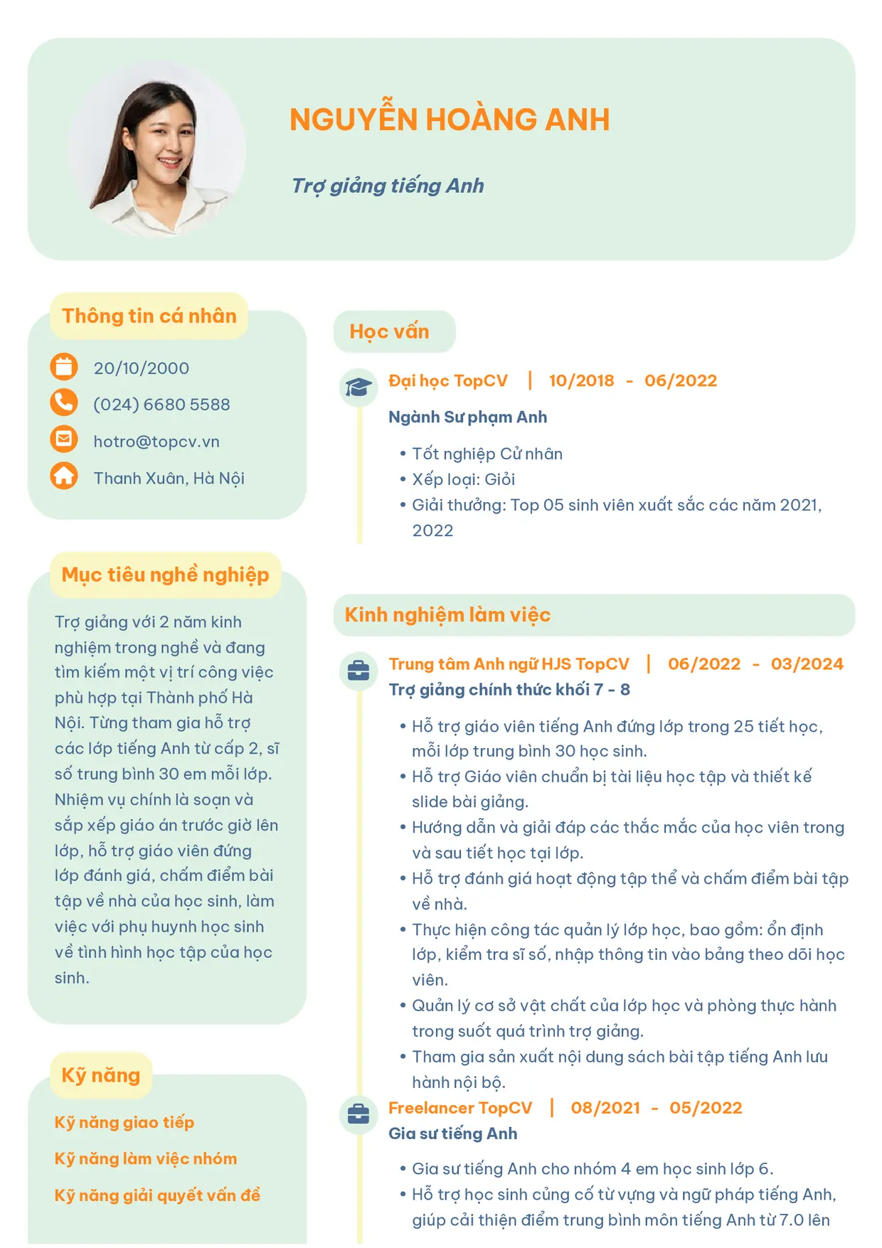 Mẫu CV Trợ giảng tiếng Anh style Basic 3