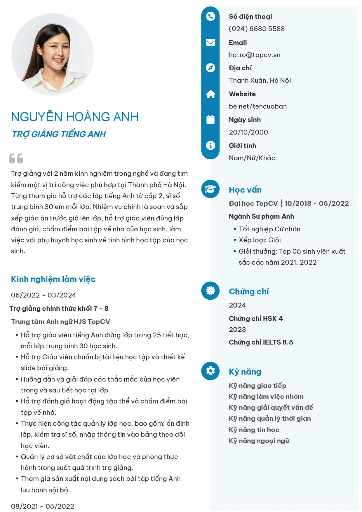 Mẫu CV Trợ giảng tiếng Anh style Basic 4