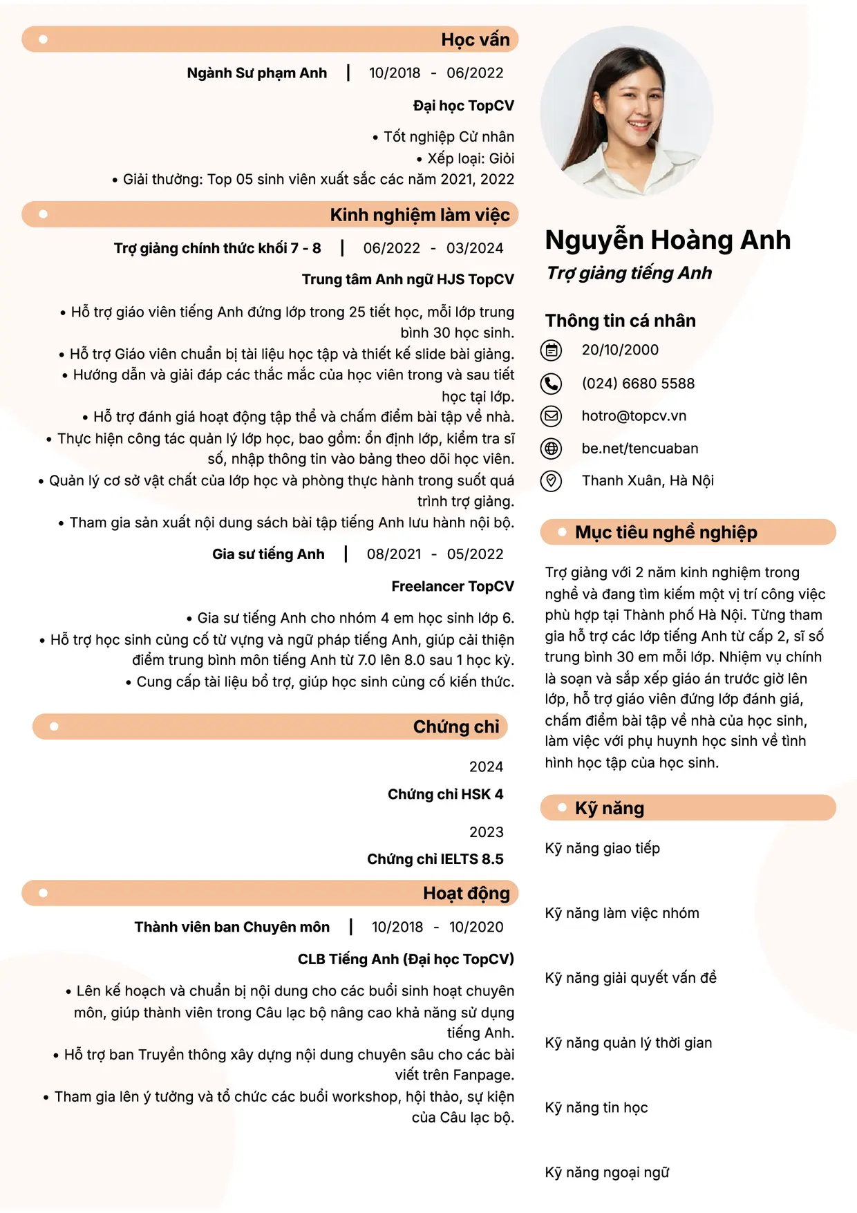 Mẫu CV Trợ giảng tiếng Anh style Basic 5